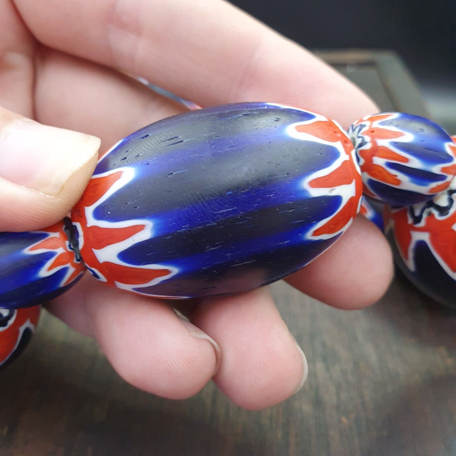 9 Beads Vintage Old Blue Chevron Venetian Style Trade beads 40mm Beads Necklace