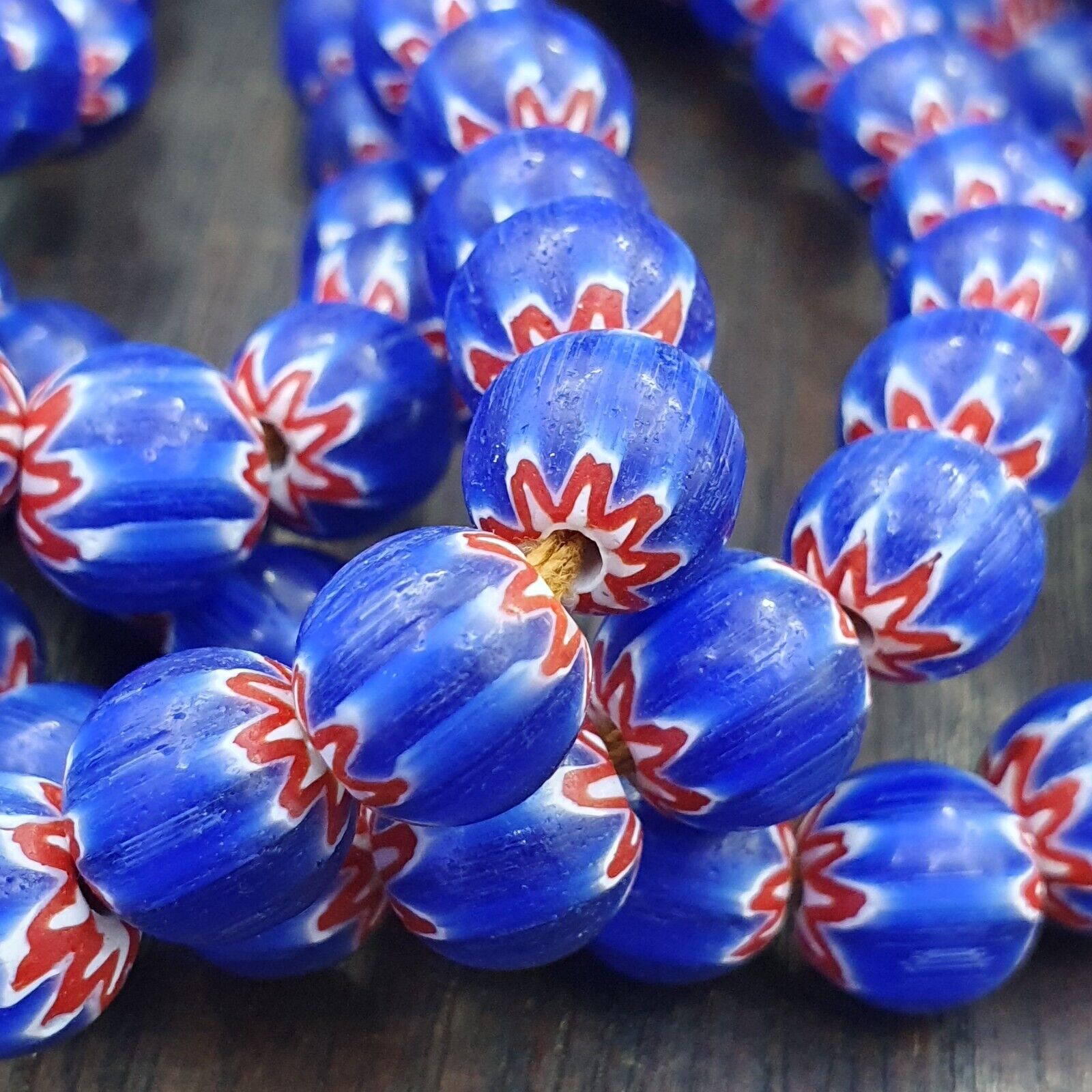 Vintage Old Blue Chevron Trade beads Old African9-9.5mm Glass Beads Necklace