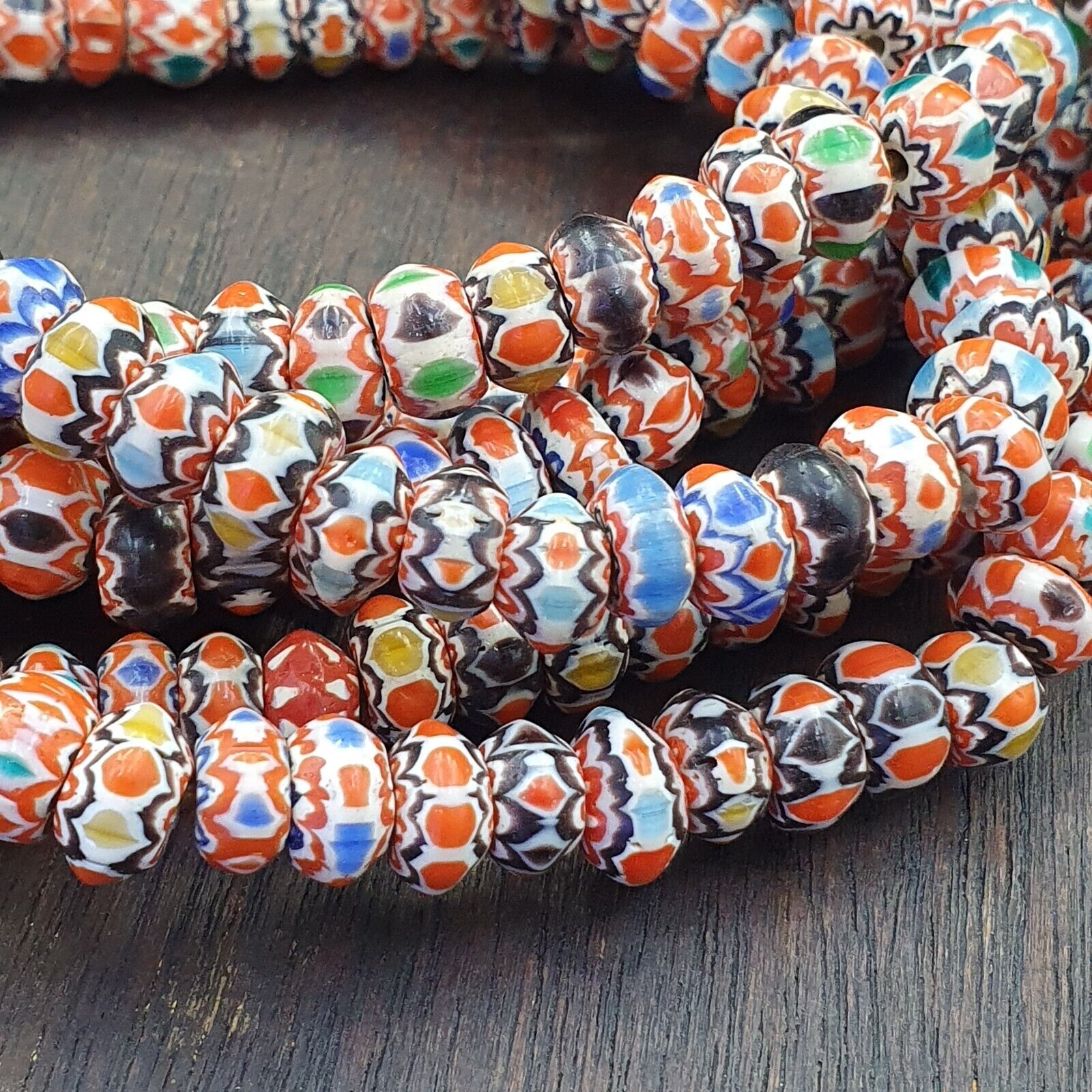 Vintage Chevron Beads Venetian African multicolor Glass 9-8mm Beads Long Strand