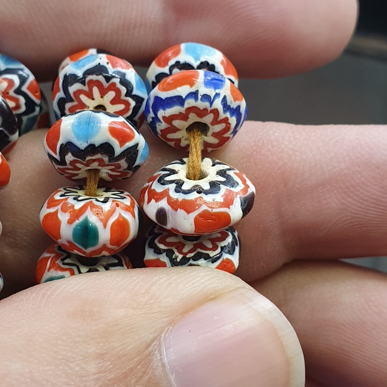 Vintage Chevron Beads Venetian African multicolor Glass 9-8mm Beads Long Strand