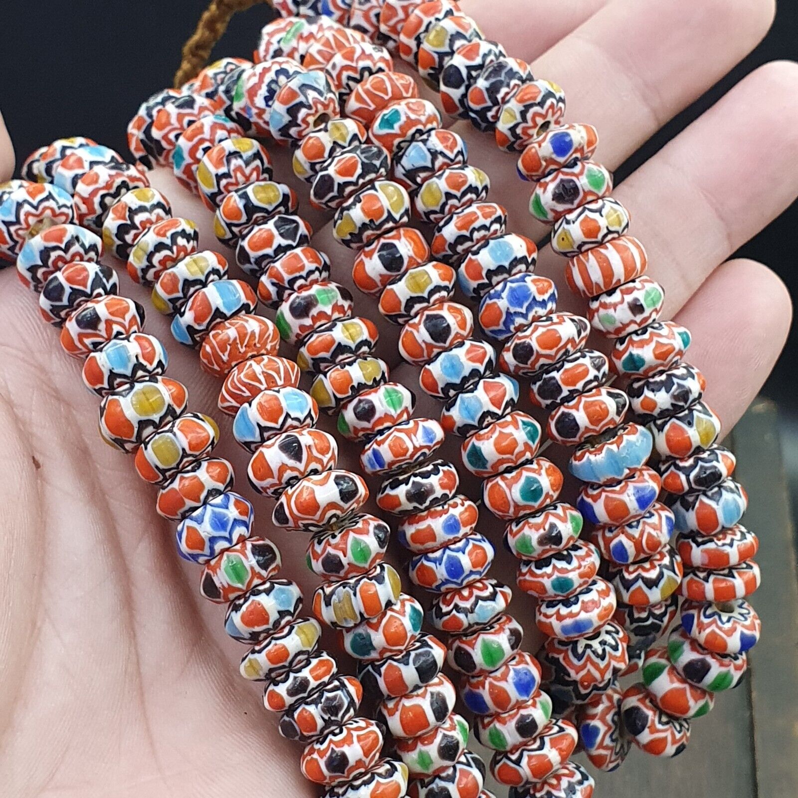 Vintage Chevron Beads Venetian African multicolor Glass 9-8mm Beads Long Strand