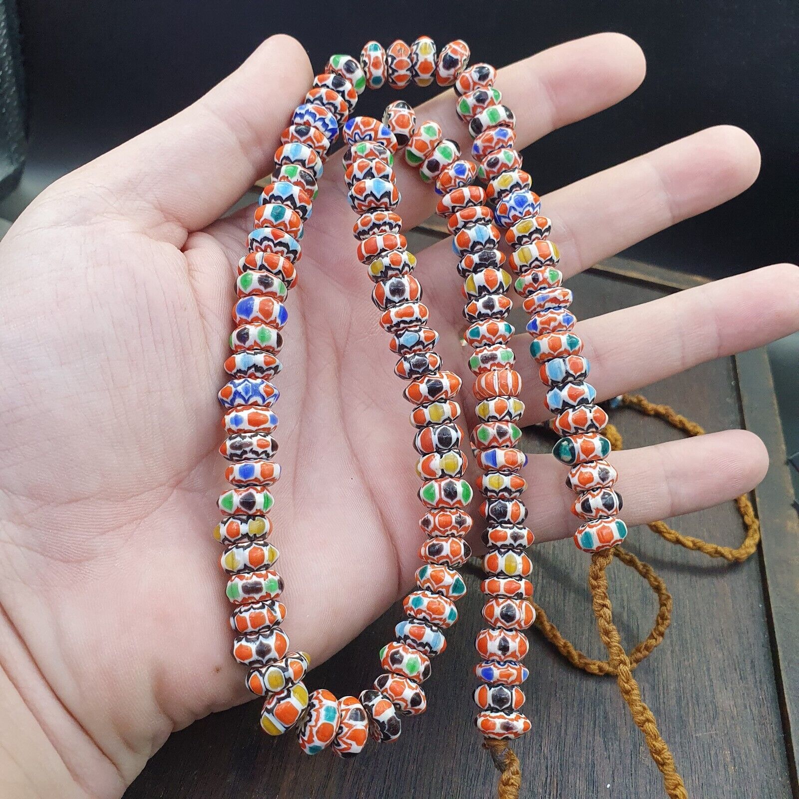 Vintage Chevron Beads Venetian African multicolor Glass 9-8mm Beads Long Strand