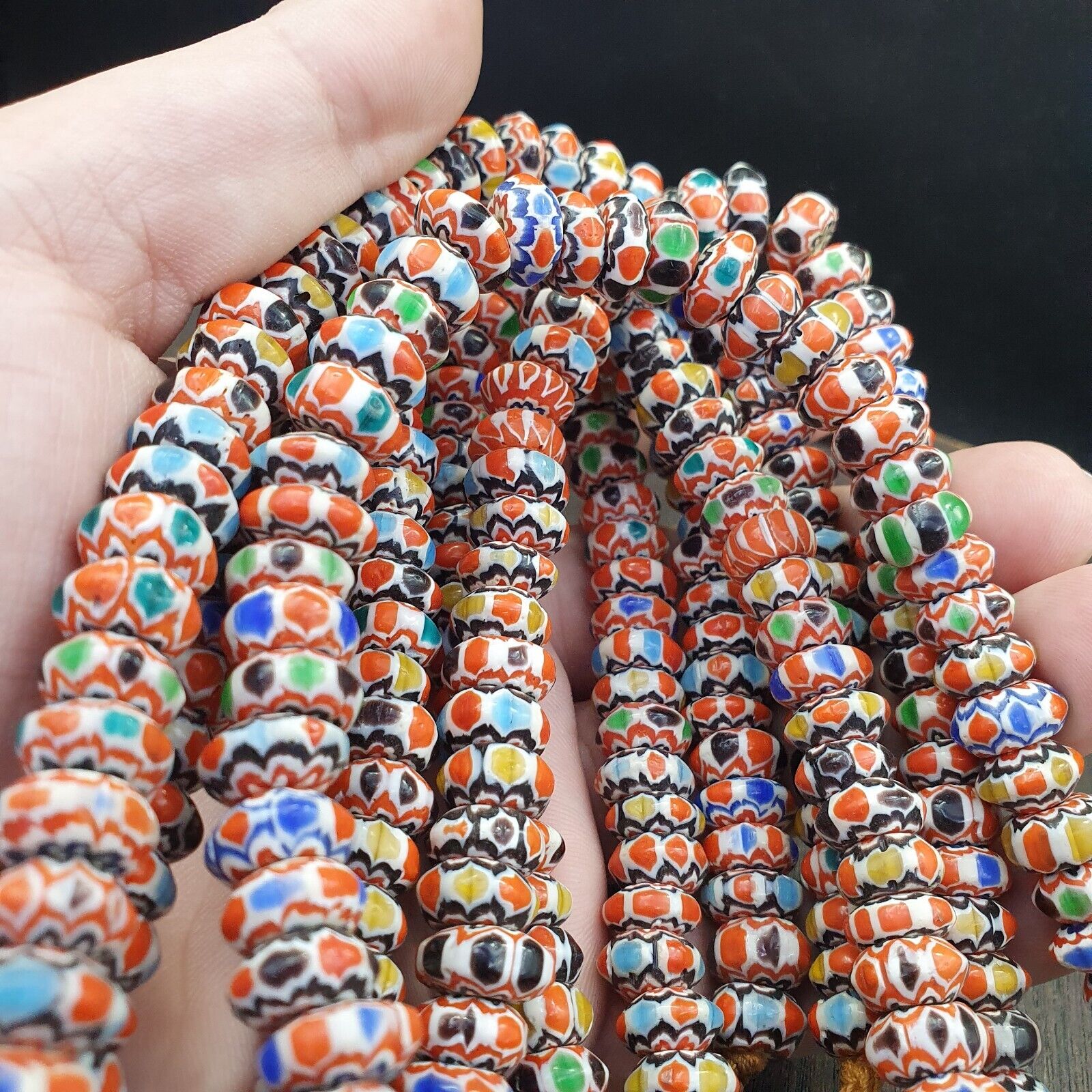 Vintage Chevron Beads Venetian African multicolor Glass 9-8mm Beads Long Strand