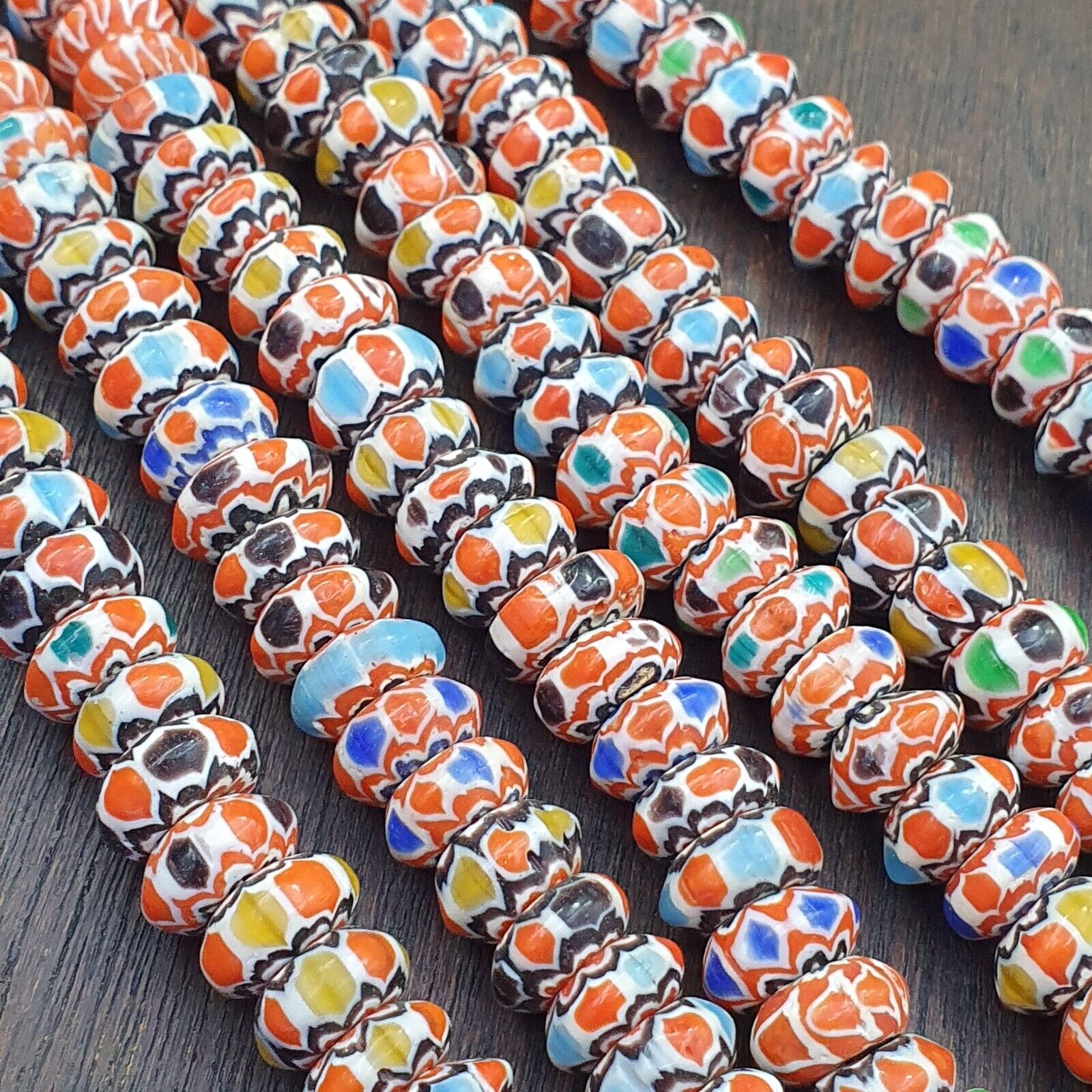 Vintage Chevron Beads Venetian African multicolor Glass 9-8mm Beads Long Strand