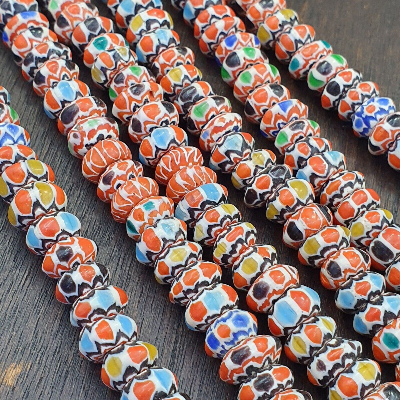Vintage Chevron Beads Venetian African multicolor Glass 9-8mm Beads Long Strand