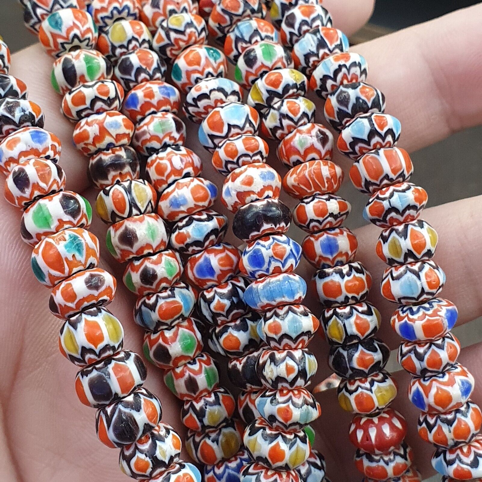 Vintage Chevron Beads Venetian African multicolor Glass 9-8mm Beads Long Strand