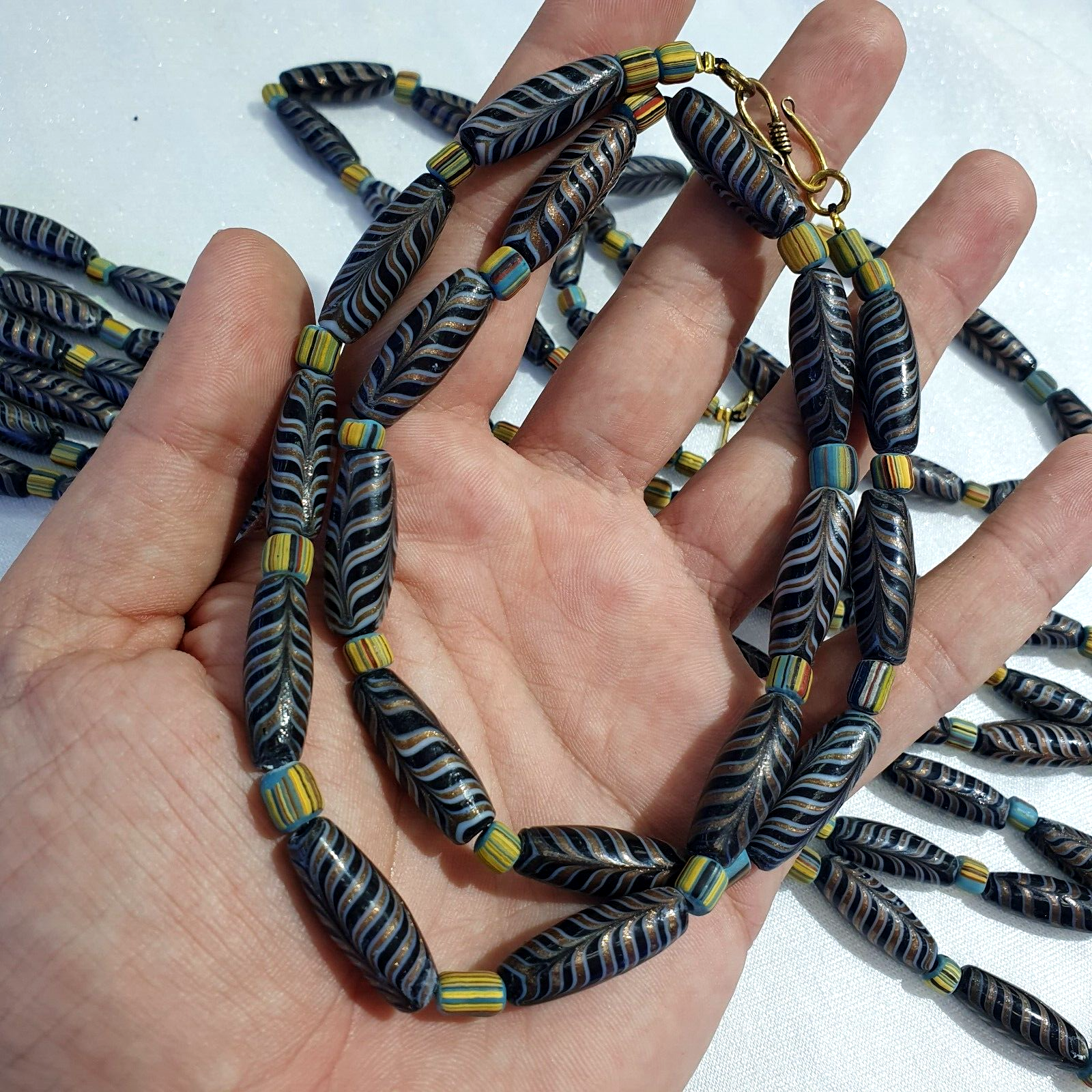 Vintage Aventurine Fancy Feather Beads 25-24 x9.5MM Black GLASS BEADS Necklace