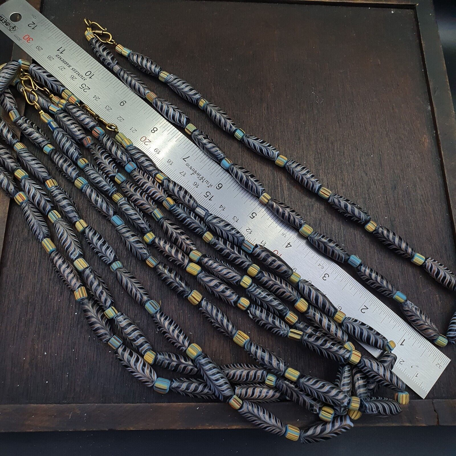 Vintage Aventurine Fancy Feather Beads 25-24 x9.5MM Black GLASS BEADS Necklace