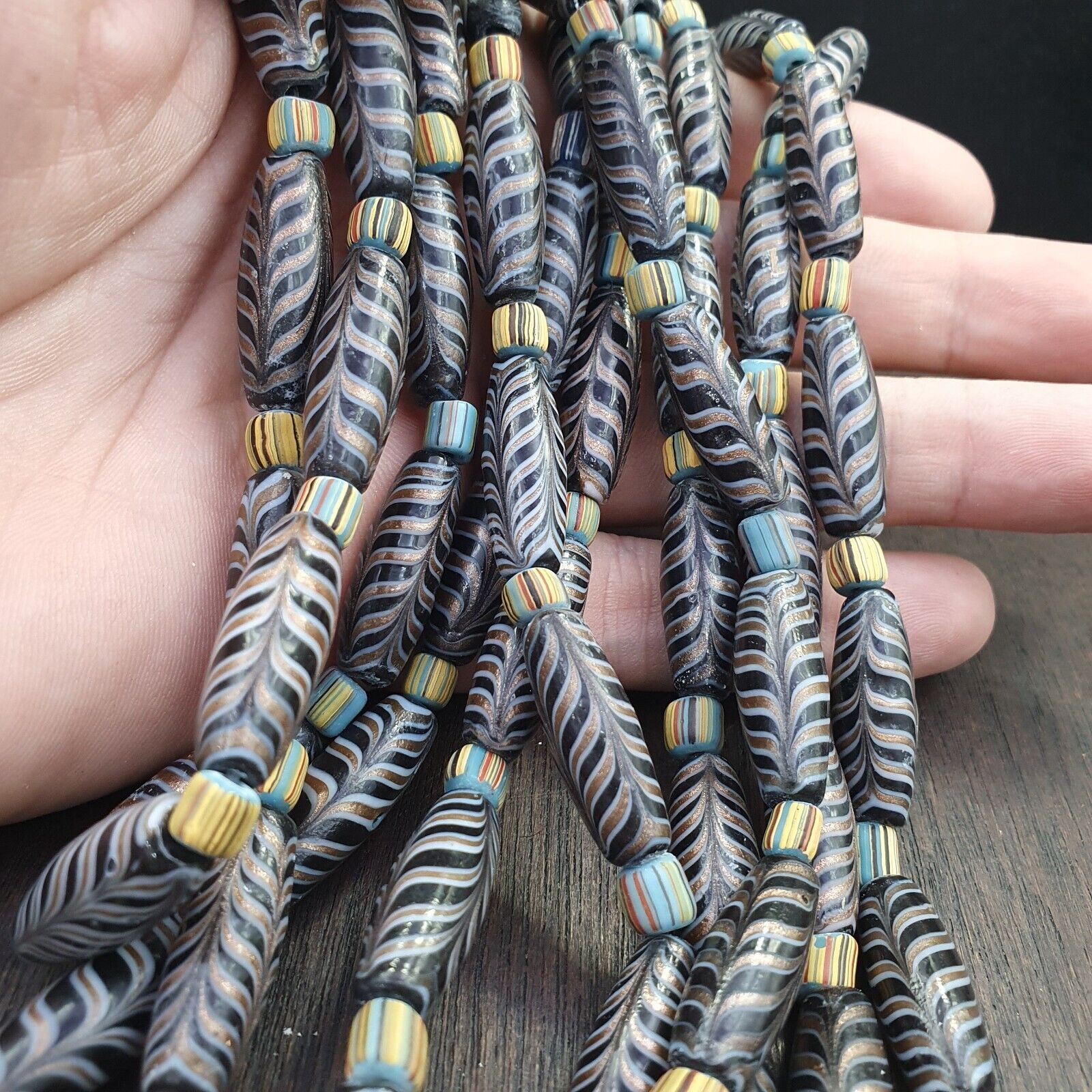 Vintage Aventurine Fancy Feather Beads 25-24 x9.5MM Black GLASS BEADS Necklace