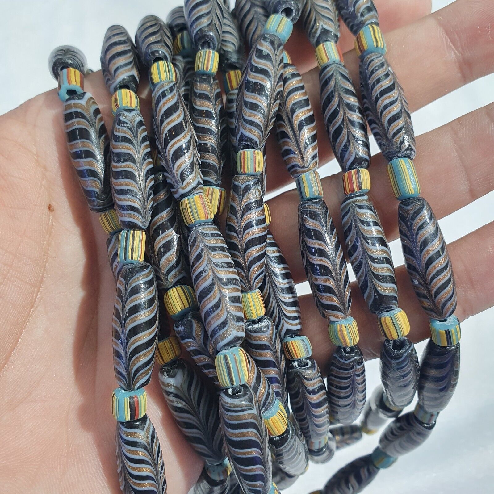 Vintage Aventurine Fancy Feather Beads 25-24 x9.5MM Black GLASS BEADS Necklace