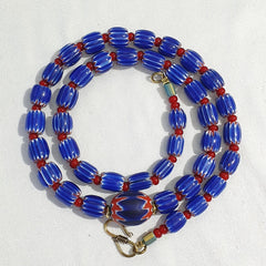 Vintage Venetian White heart With Blue Glass Chevron Beads Necklace.