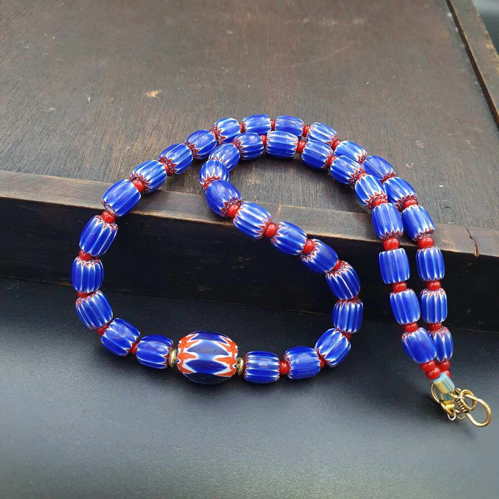 Vintage Venetian White heart With Blue Glass Chevron Beads Necklace.