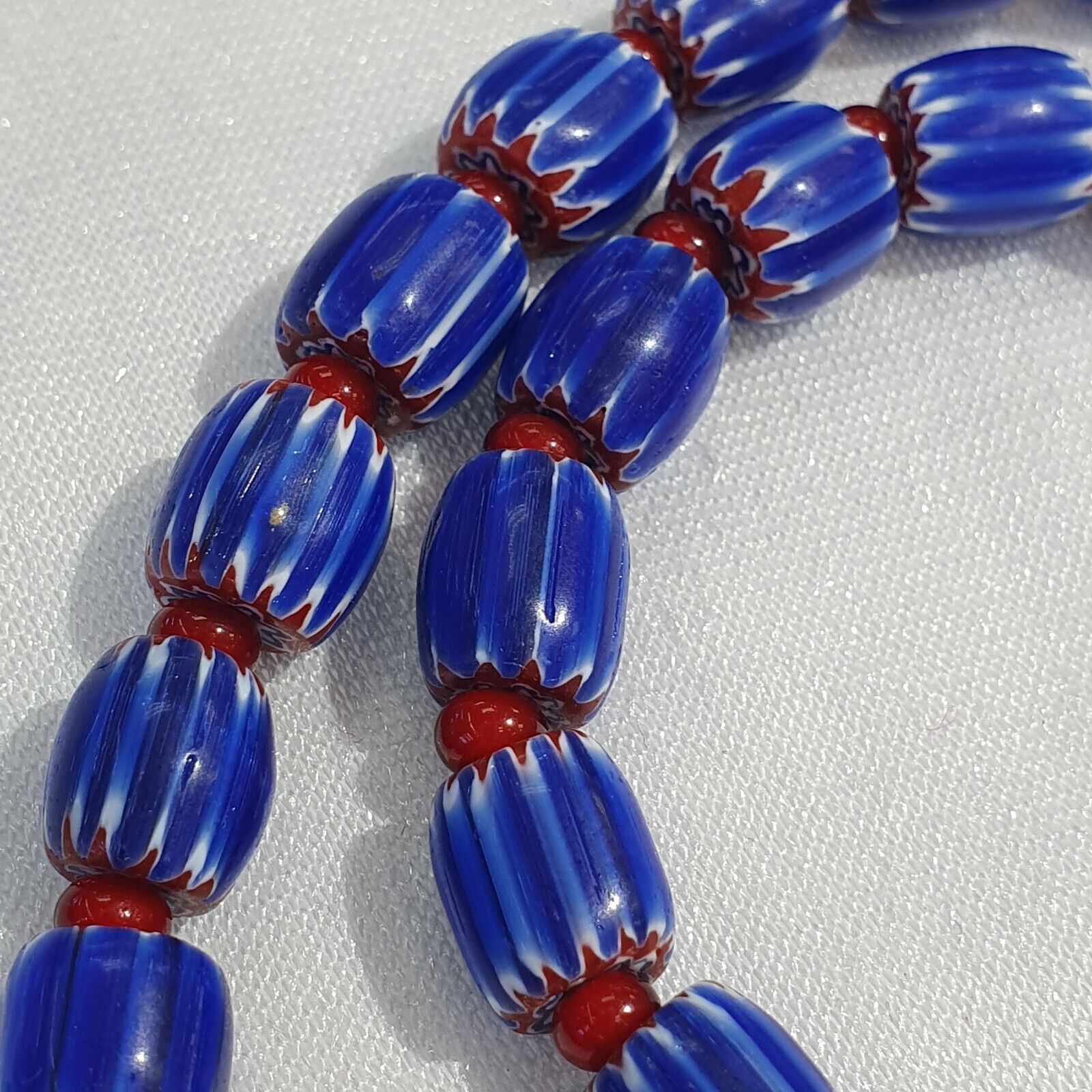 Vintage Venetian White heart With Blue Glass Chevron Beads Necklace.