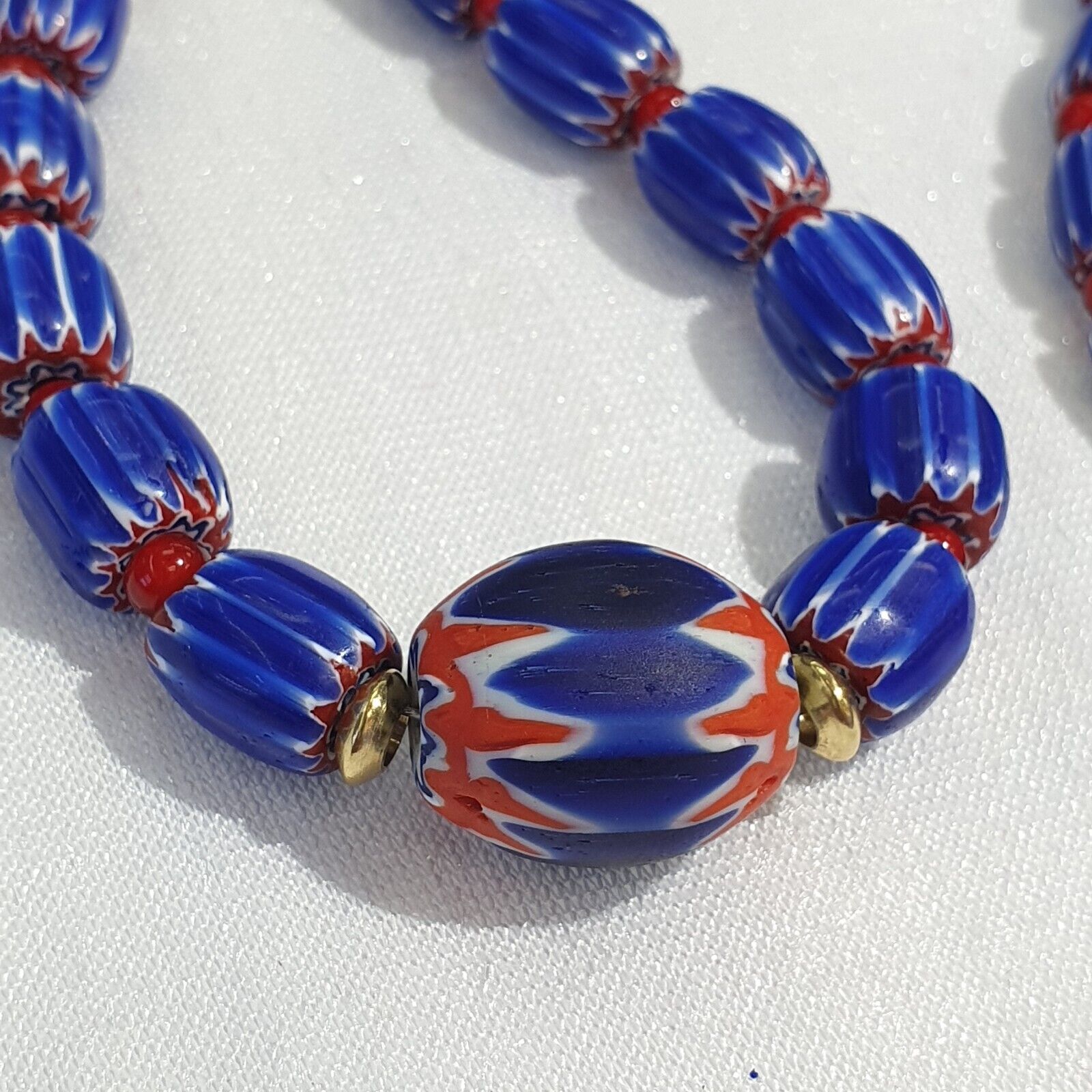 Vintage Venetian White heart With Blue Glass Chevron Beads Necklace.