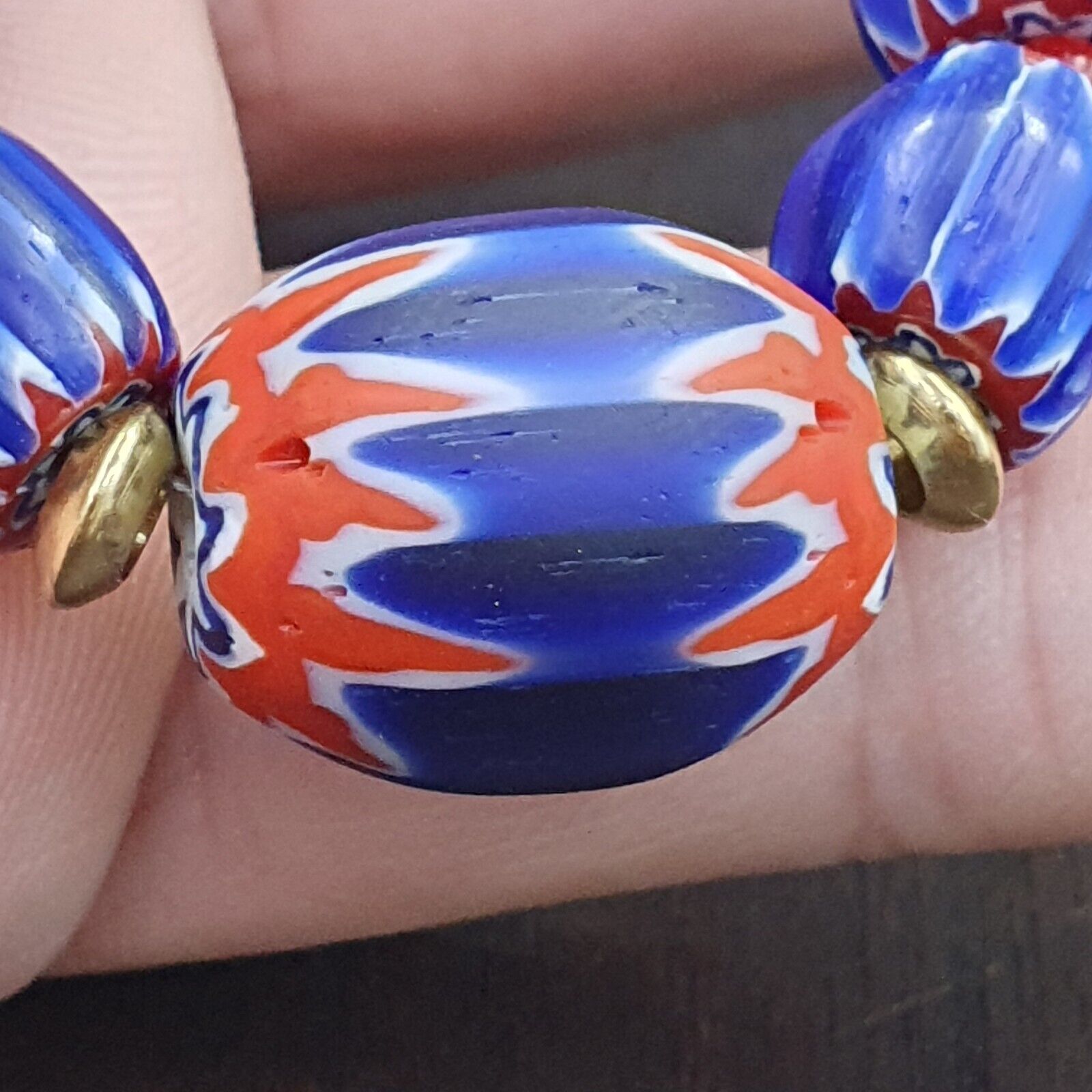 Vintage Venetian White heart With Blue Glass Chevron Beads Necklace.