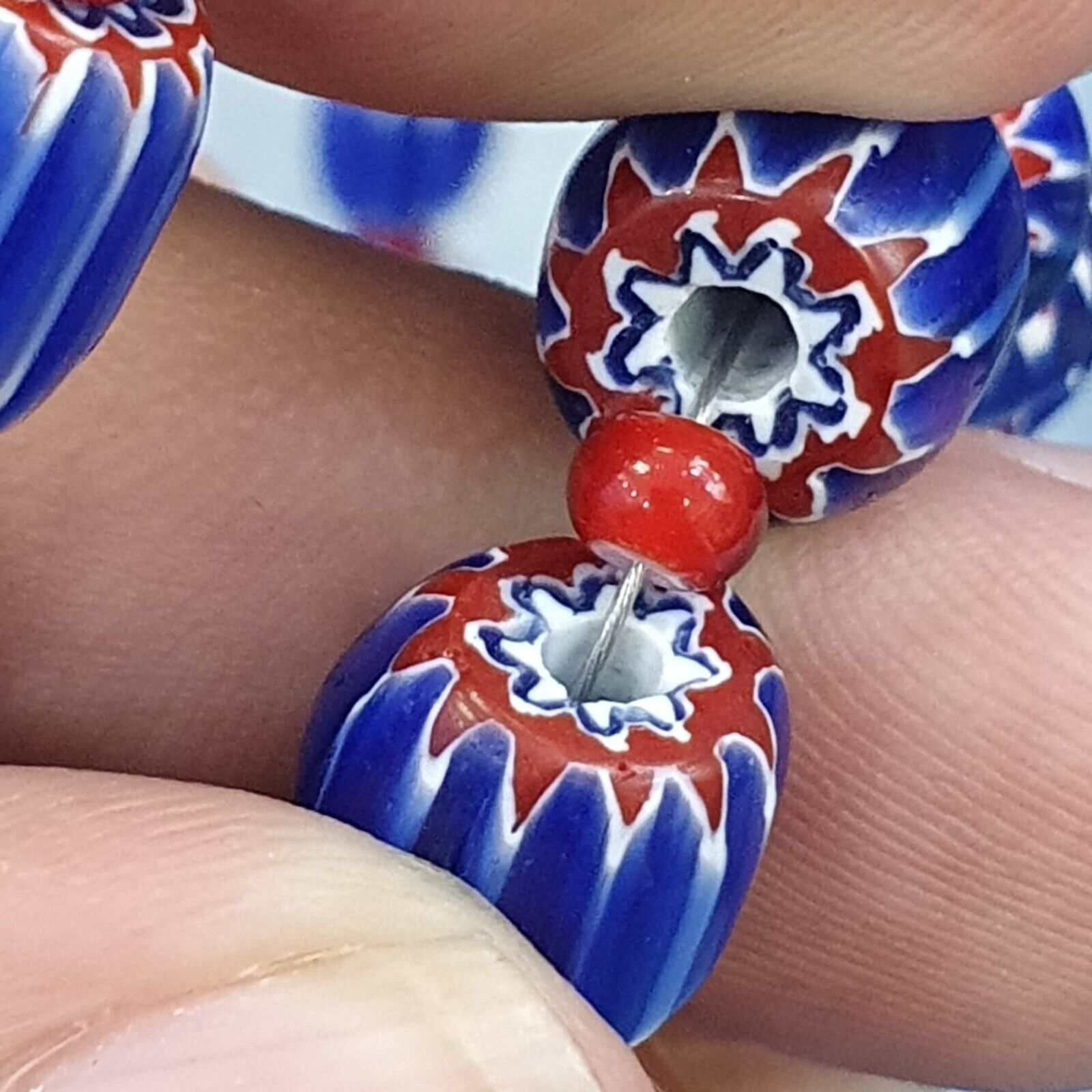 Vintage Venetian White heart With Blue Glass Chevron Beads Necklace.