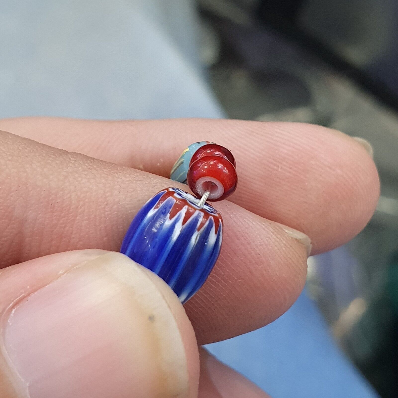 Vintage Venetian White heart With Blue Glass Chevron Beads Necklace.