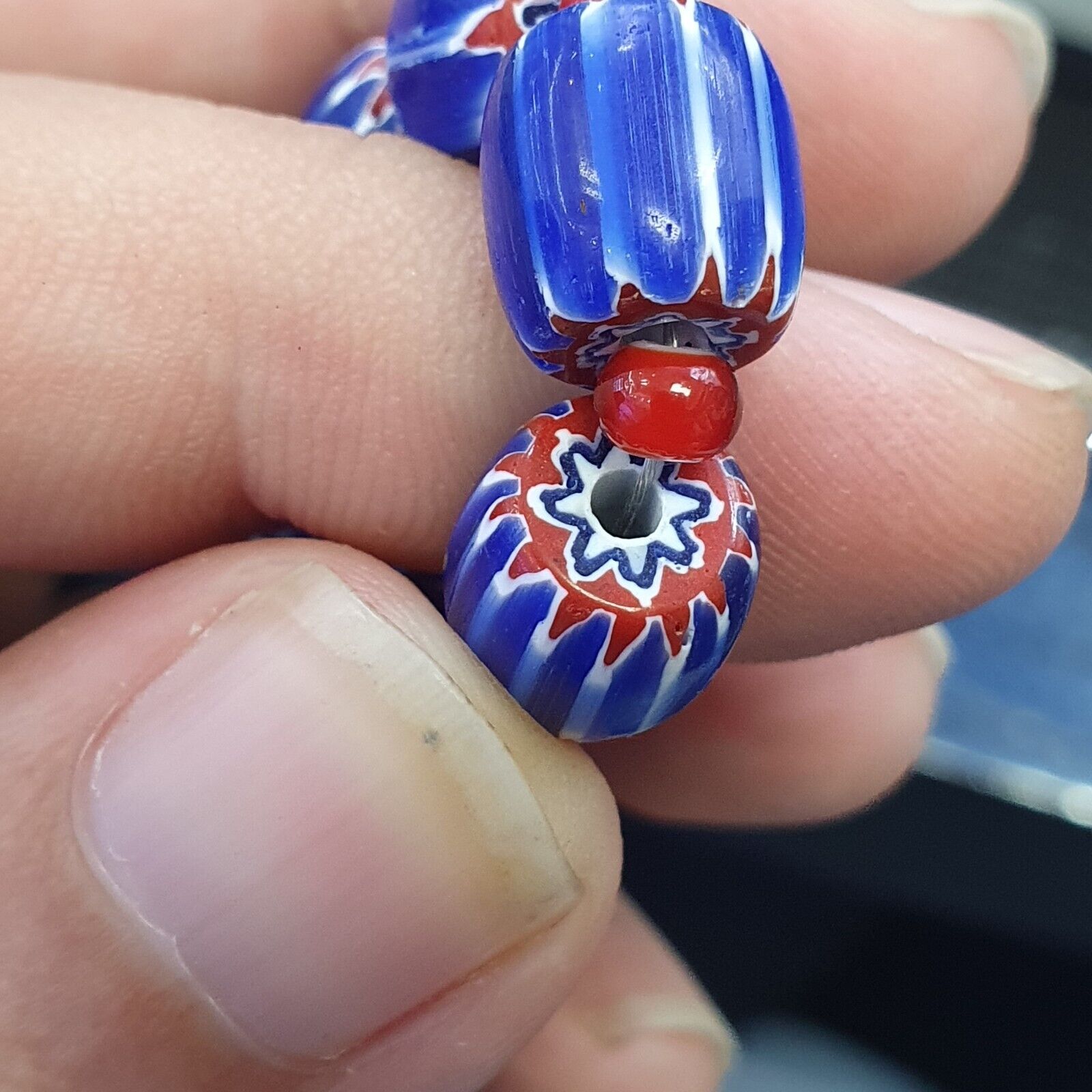 Vintage Venetian White heart With Blue Glass Chevron Beads Necklace.