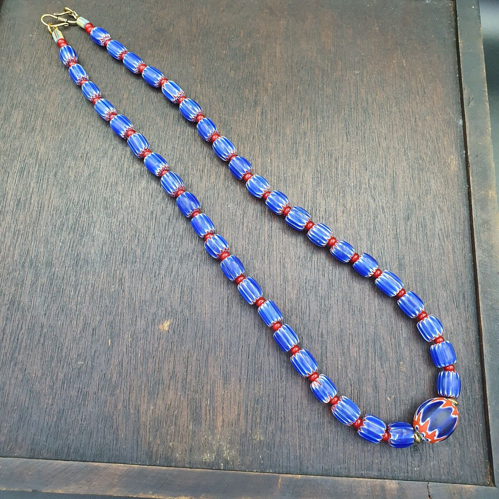 Vintage Venetian White heart With Blue Glass Chevron Beads Necklace.