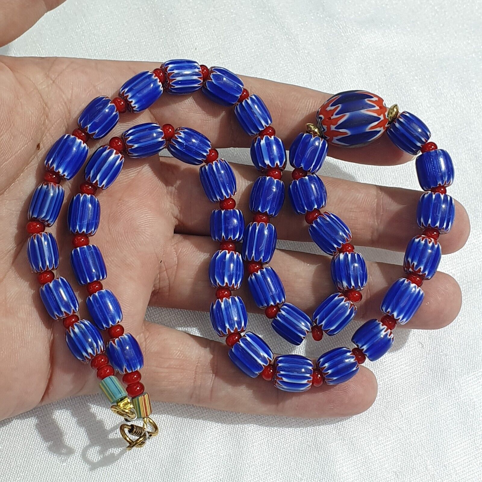 Vintage Venetian White heart With Blue Glass Chevron Beads Necklace.