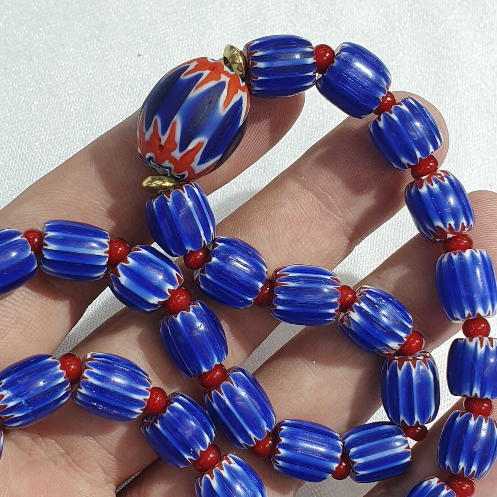 Vintage Venetian White heart With Blue Glass Chevron Beads Necklace.