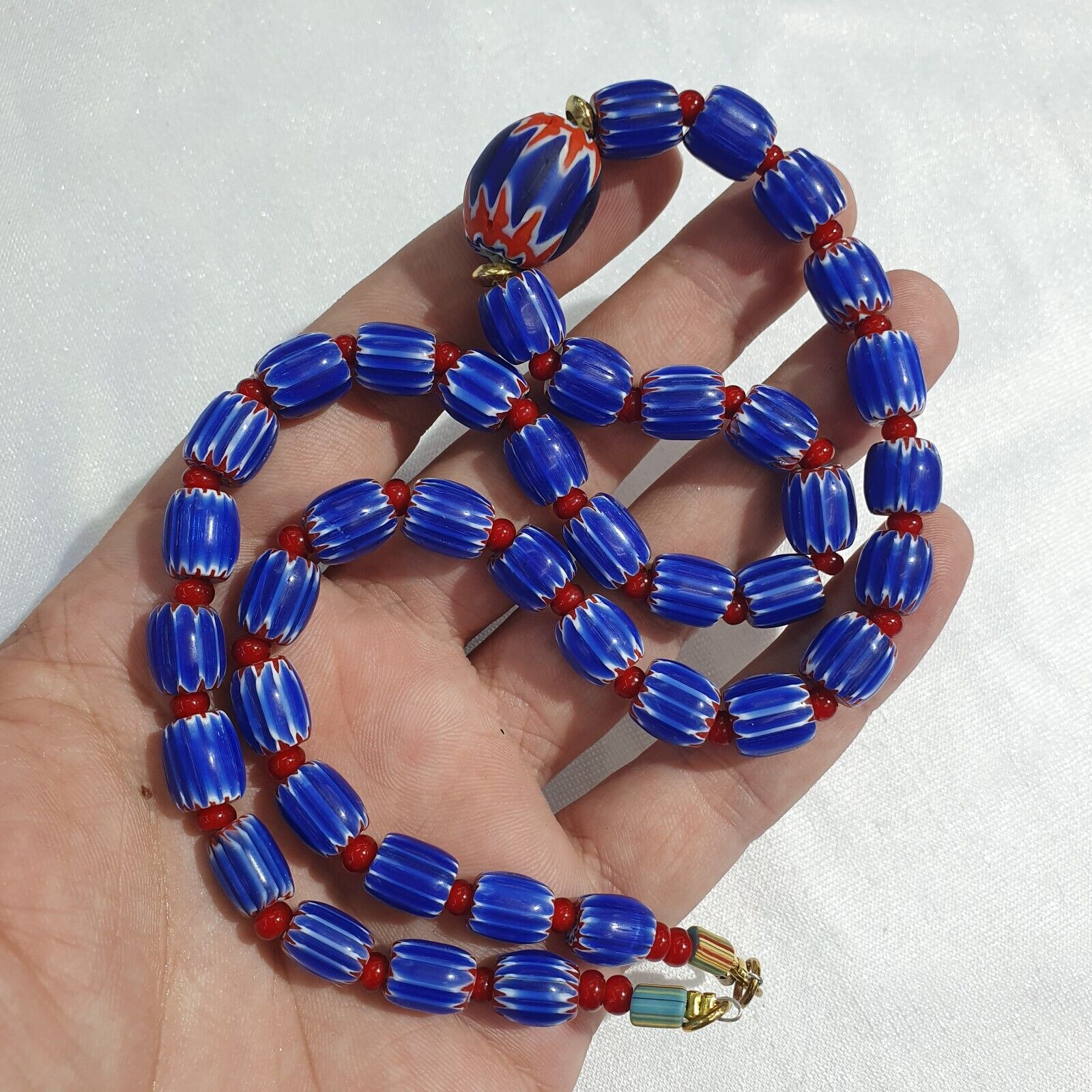 Vintage Venetian White heart With Blue Glass Chevron Beads Necklace.