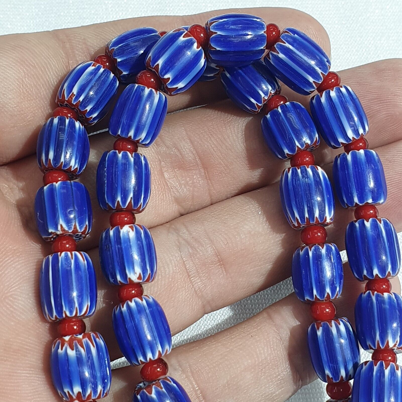 Vintage Venetian White heart With Blue Glass Chevron Beads Necklace.