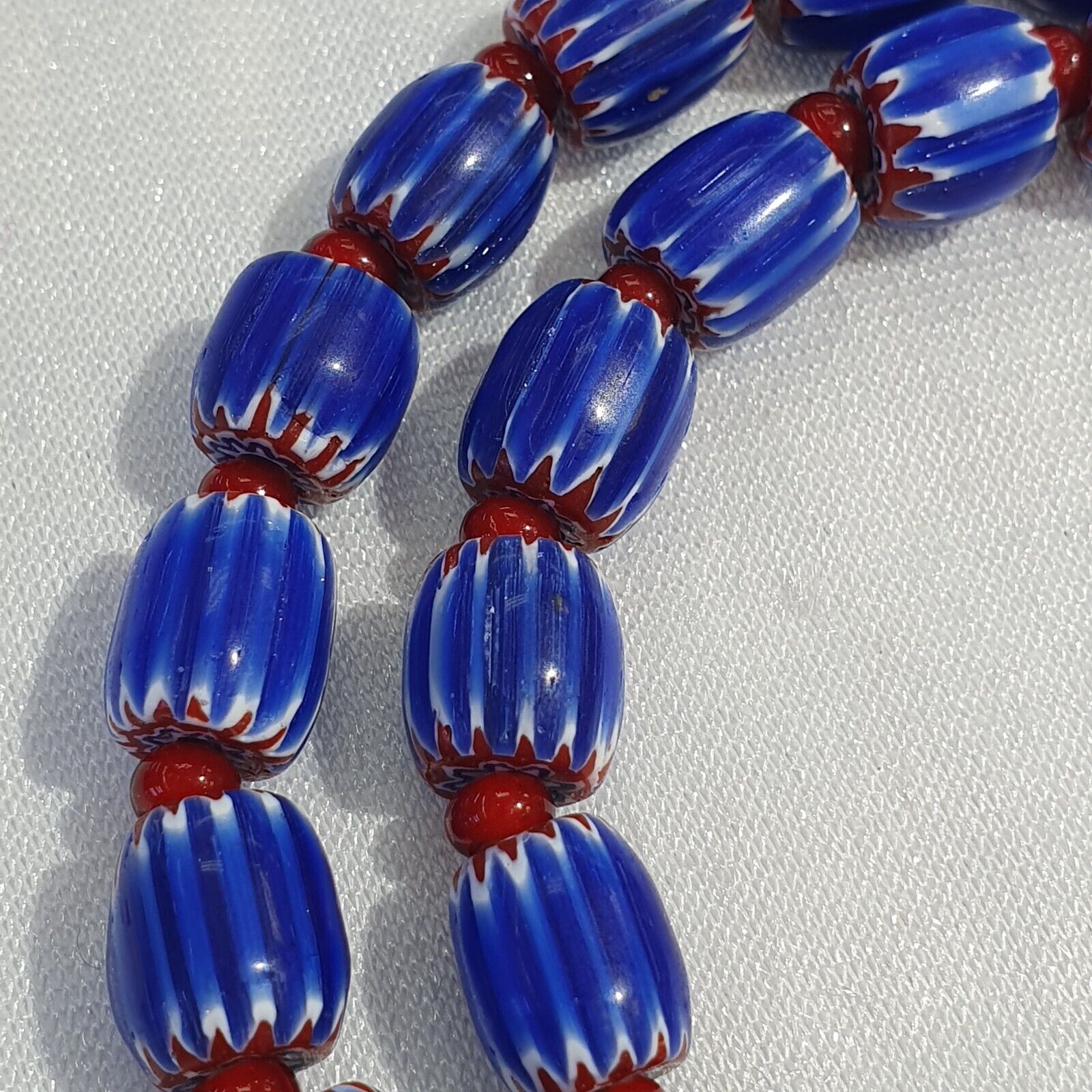 Vintage Venetian White heart With Blue Glass Chevron Beads Necklace.