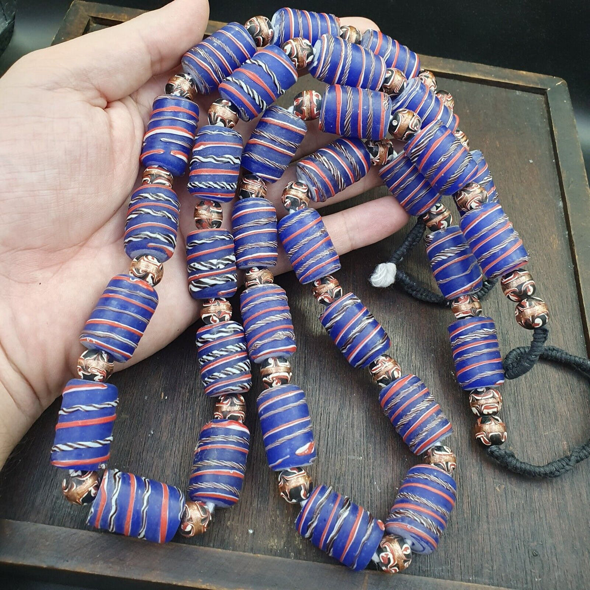 Vintage African Style Blue Glass Aventurine Fancy Glass Beads Beaded Necklace