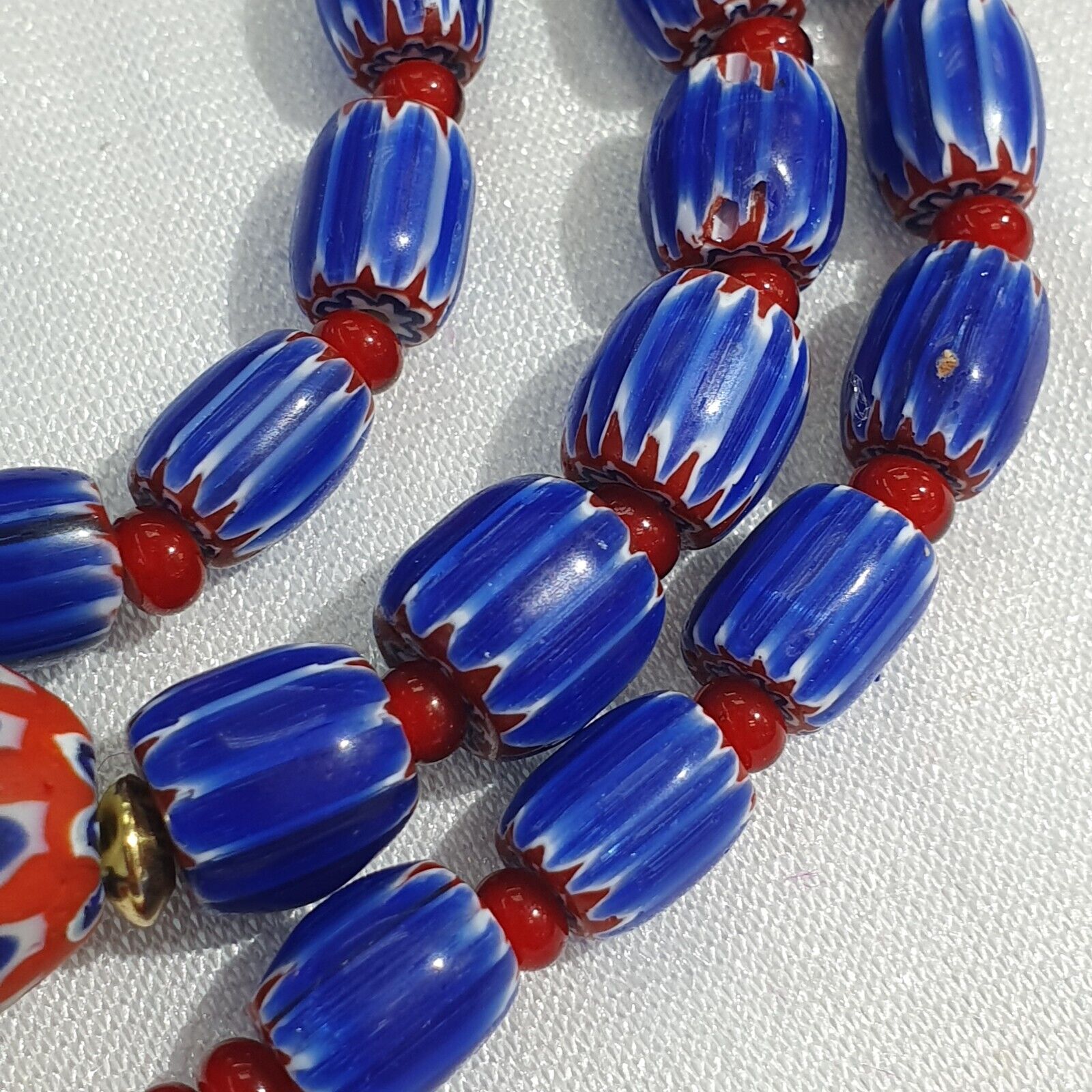 Vintage Venetian White heart With Blue Glass Chevron Beads Necklace.