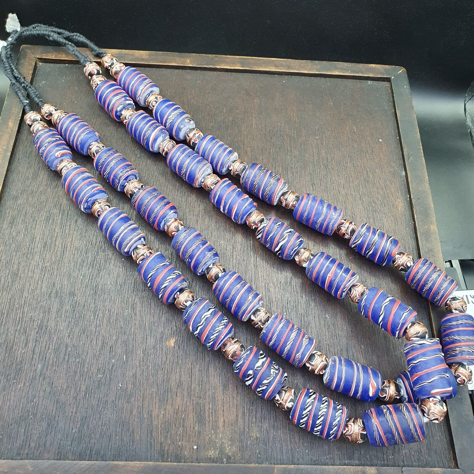 Vintage African Style Blue Glass Aventurine Fancy Glass Beads Beaded Necklace