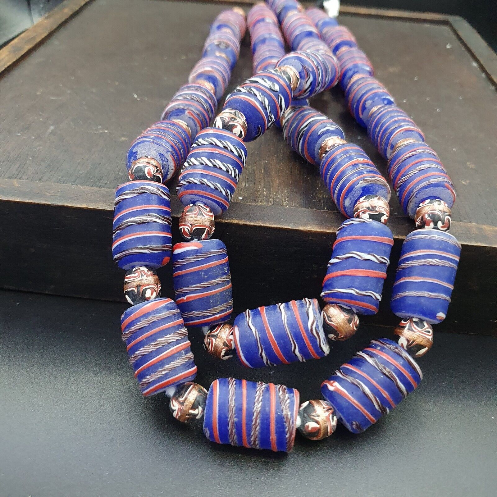 Vintage African Style Blue Glass Aventurine Fancy Glass Beads Beaded Necklace