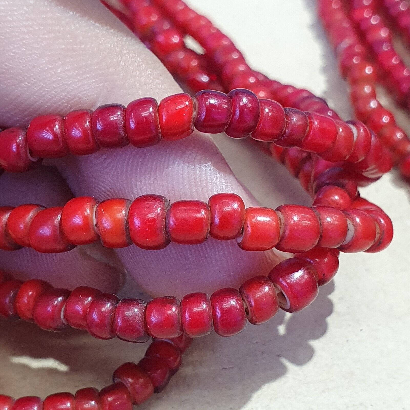 Antique Venetian Red White Heart Trade Beads Necklace.