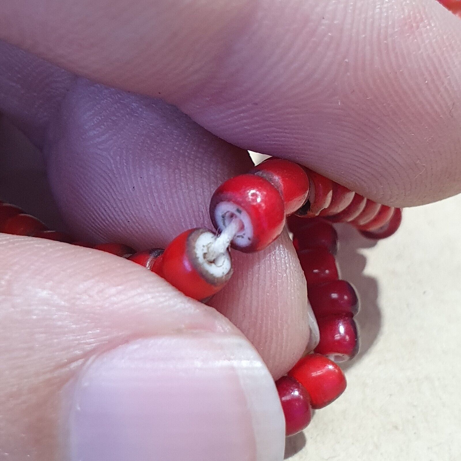 Antique Venetian Red White Heart Trade Beads Necklace.