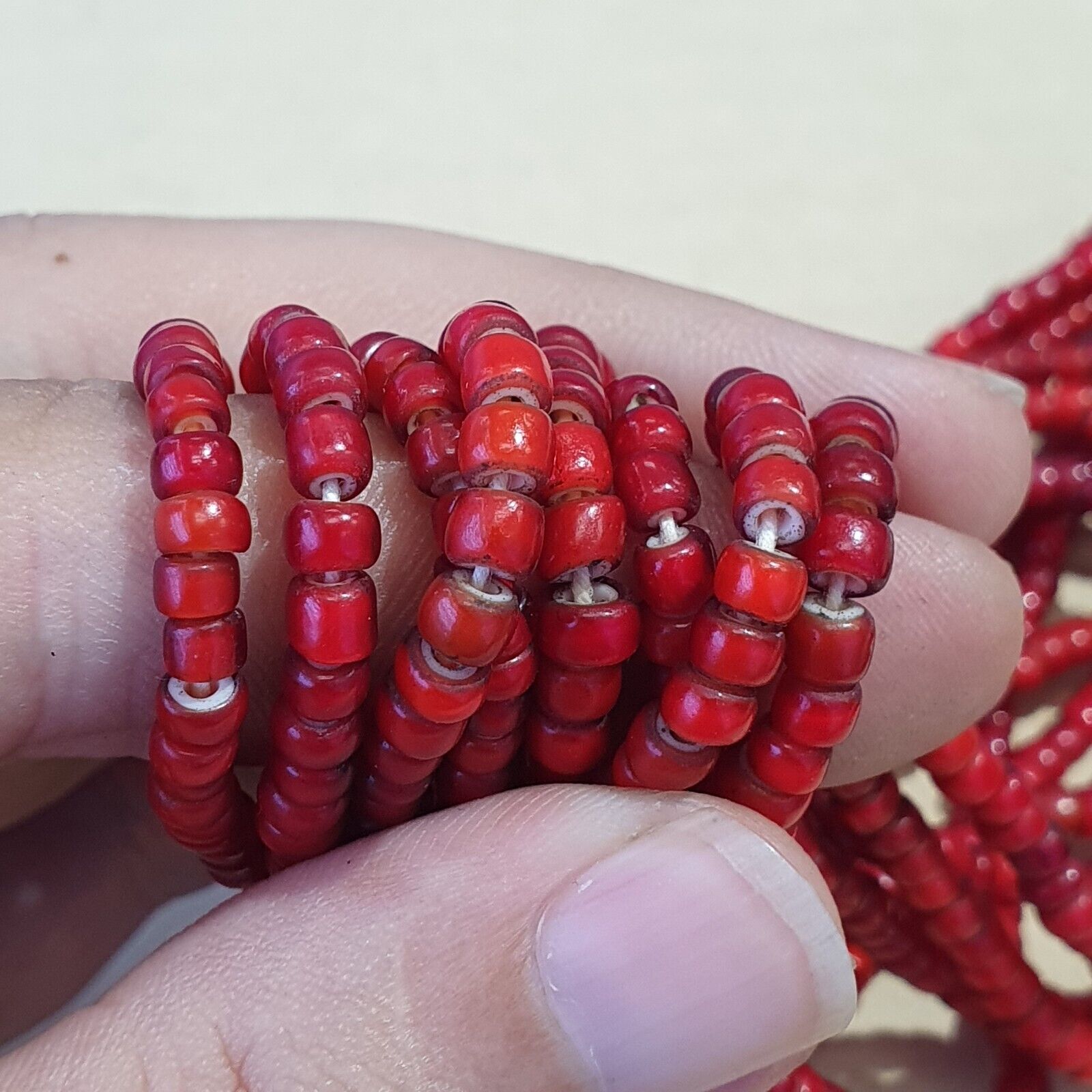 Antique Venetian Red White Heart Trade Beads Necklace.