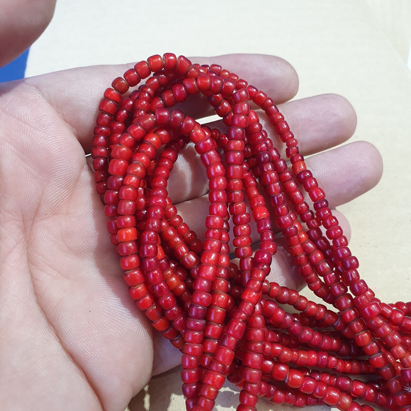Antique Venetian Red White Heart Trade Beads Necklace.