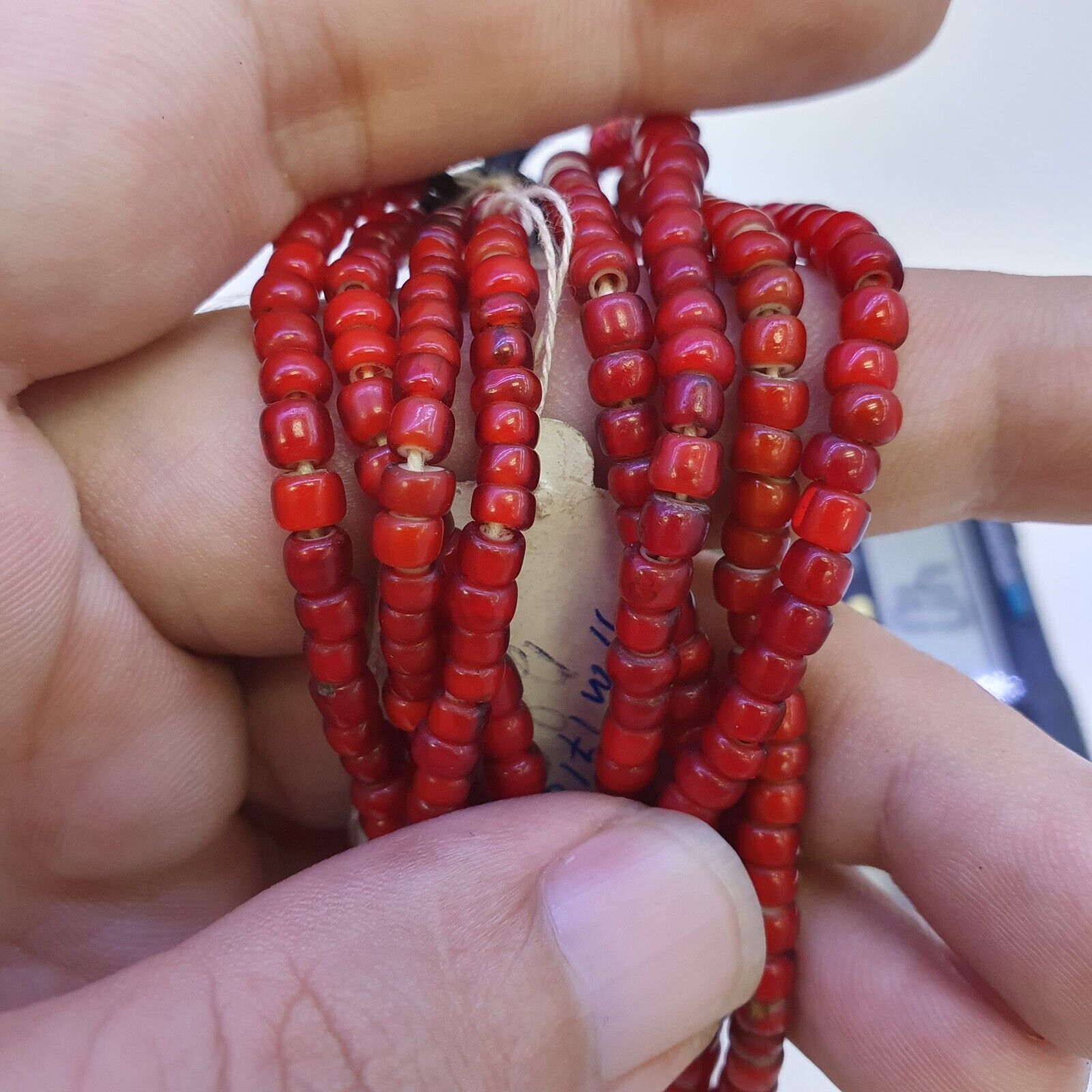 Antique Venetian Red White Heart Trade Beads Necklace.