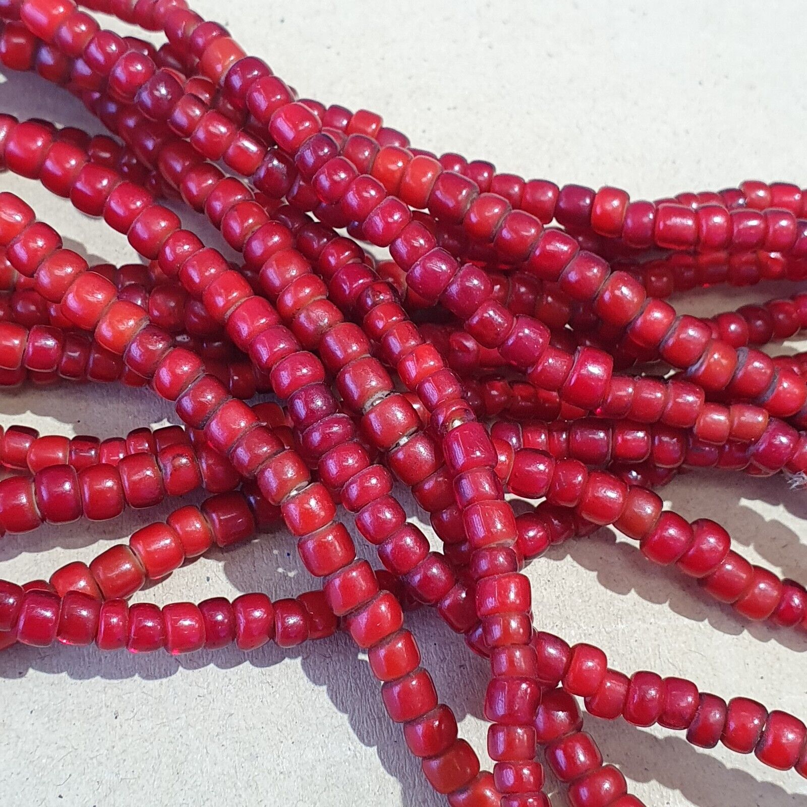 Antique Venetian Red White Heart Trade Beads Necklace.