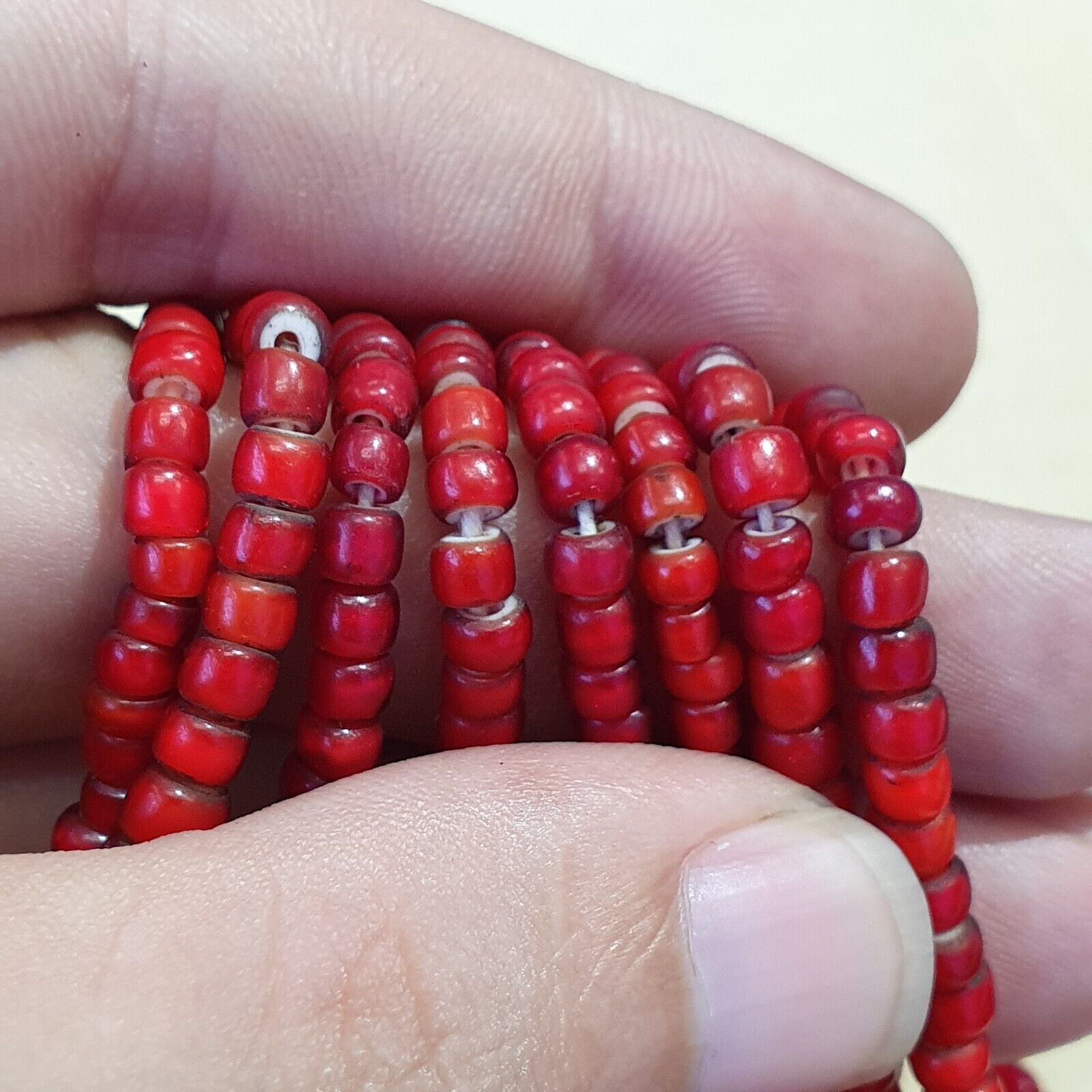 Antique Venetian Red White Heart Trade Beads Necklace.
