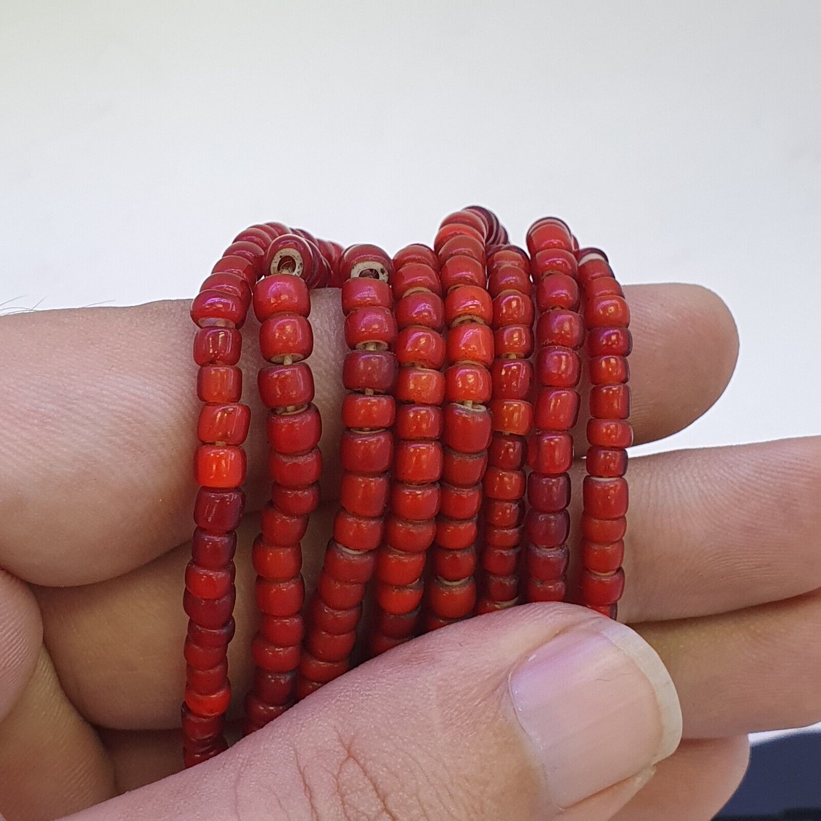 Antique Venetian Red White Heart Trade Beads Necklace.
