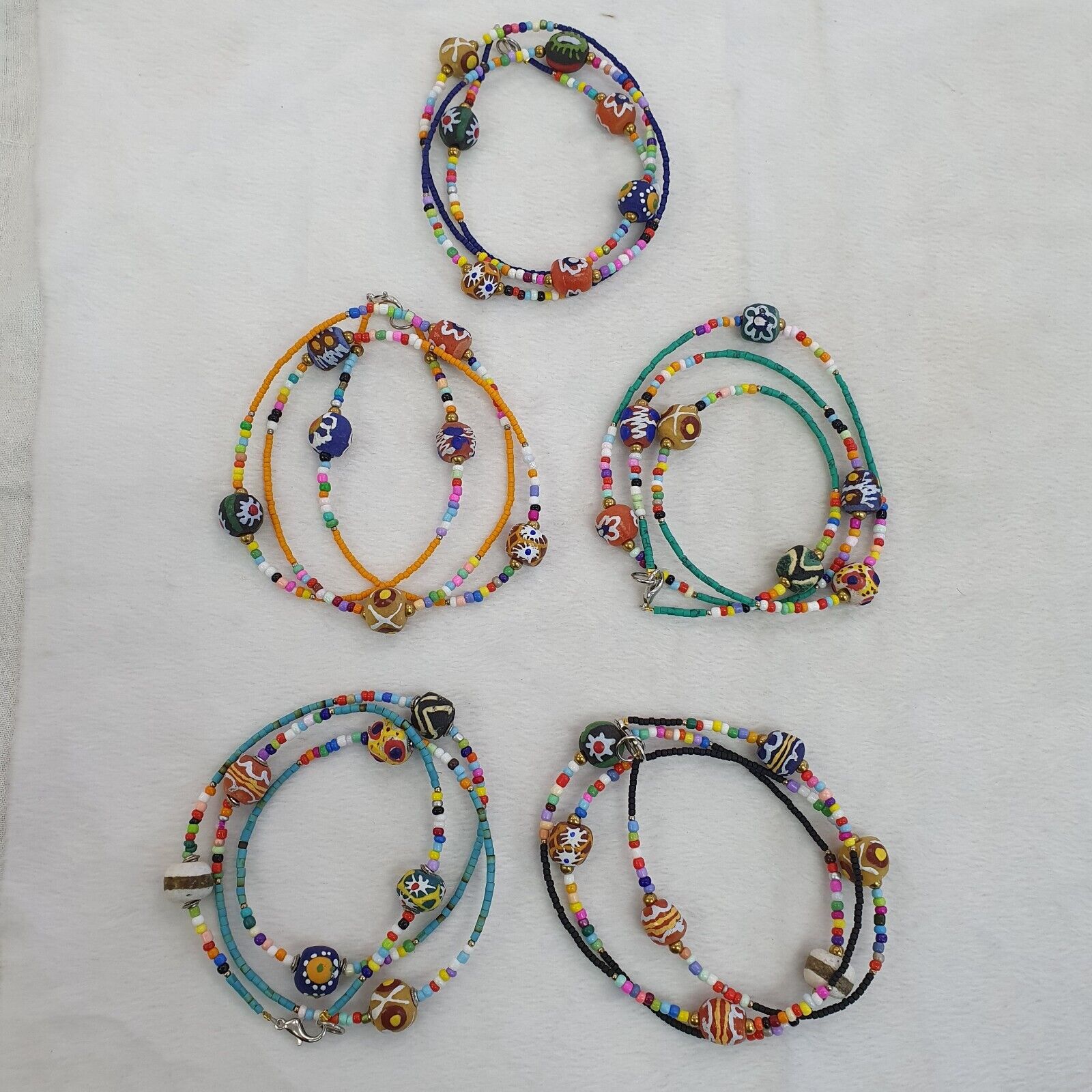 Lot 5 pcs African Glass Beads With Afghan Tiny Seed beads Necklaces