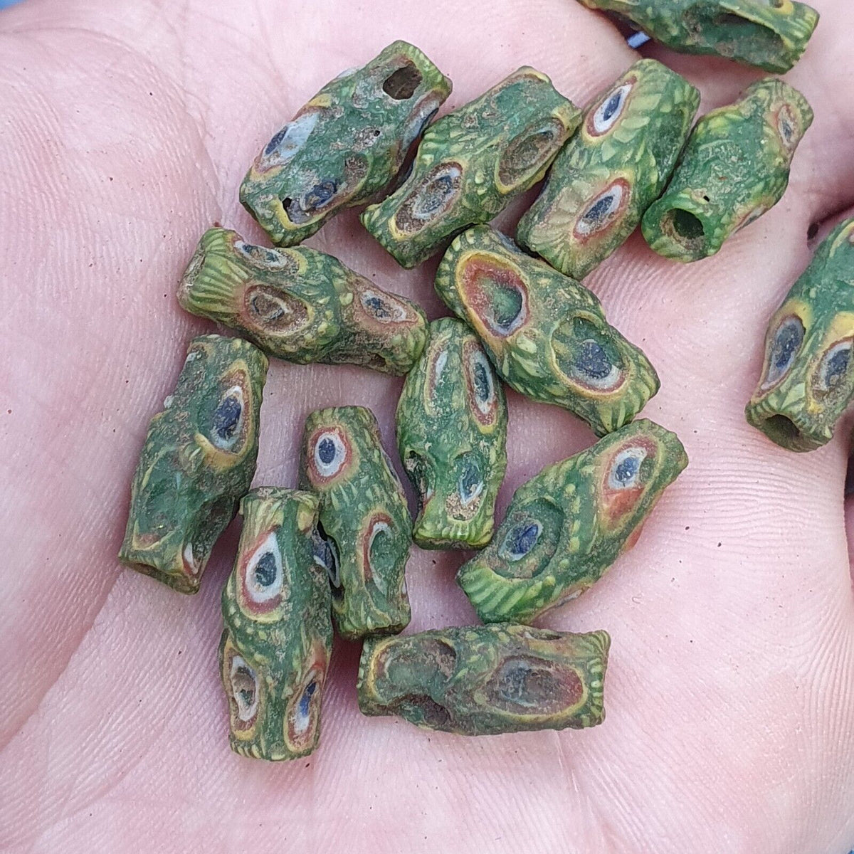 Antique Green Gabri Red Eyes Glass Beads Strand lot 17pcs
