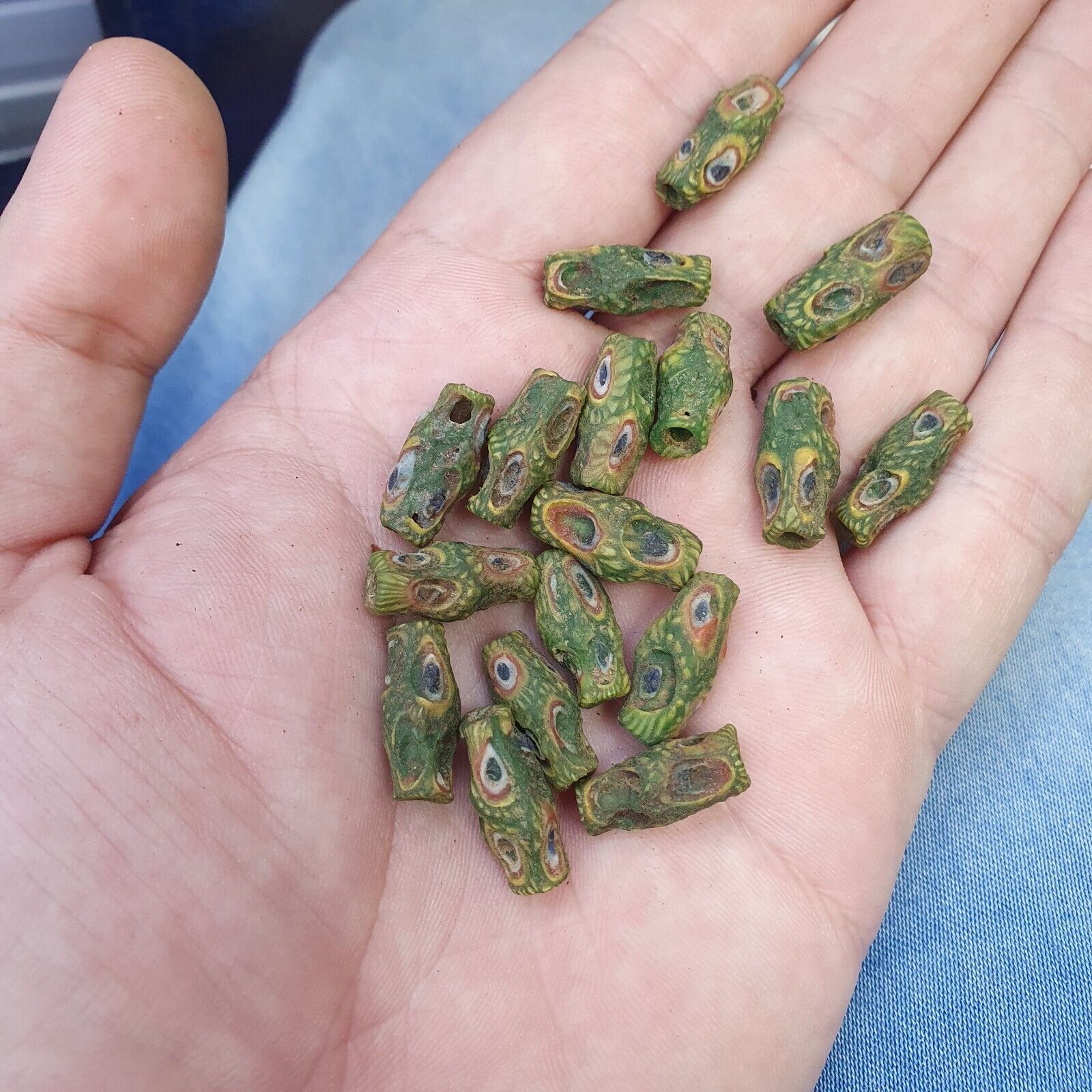 Antique Green Gabri Red Eyes Glass Beads Strand lot 17pcs
