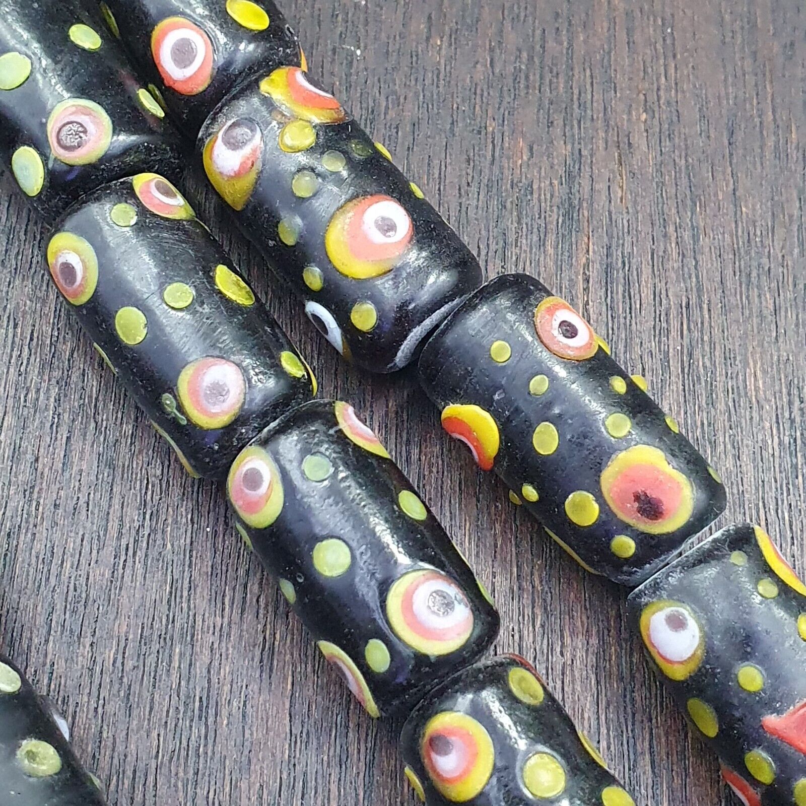 Vintage Black Gabri Eyes Glass Beads Strand