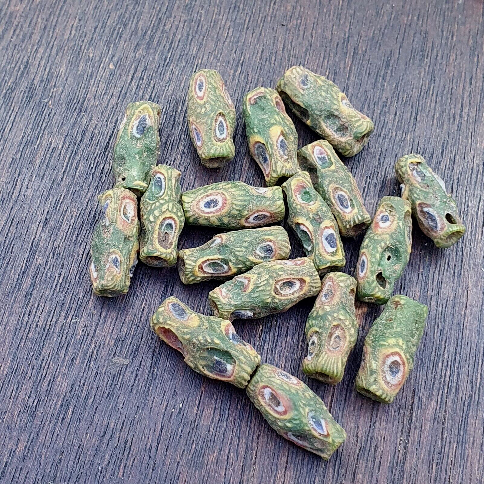 Antique Green Gabri Red Eyes Glass Beads Strand lot 17pcs