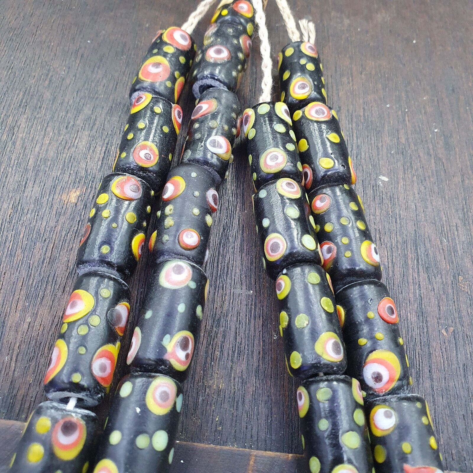 Vintage Black Gabri Eyes Glass Beads Strand