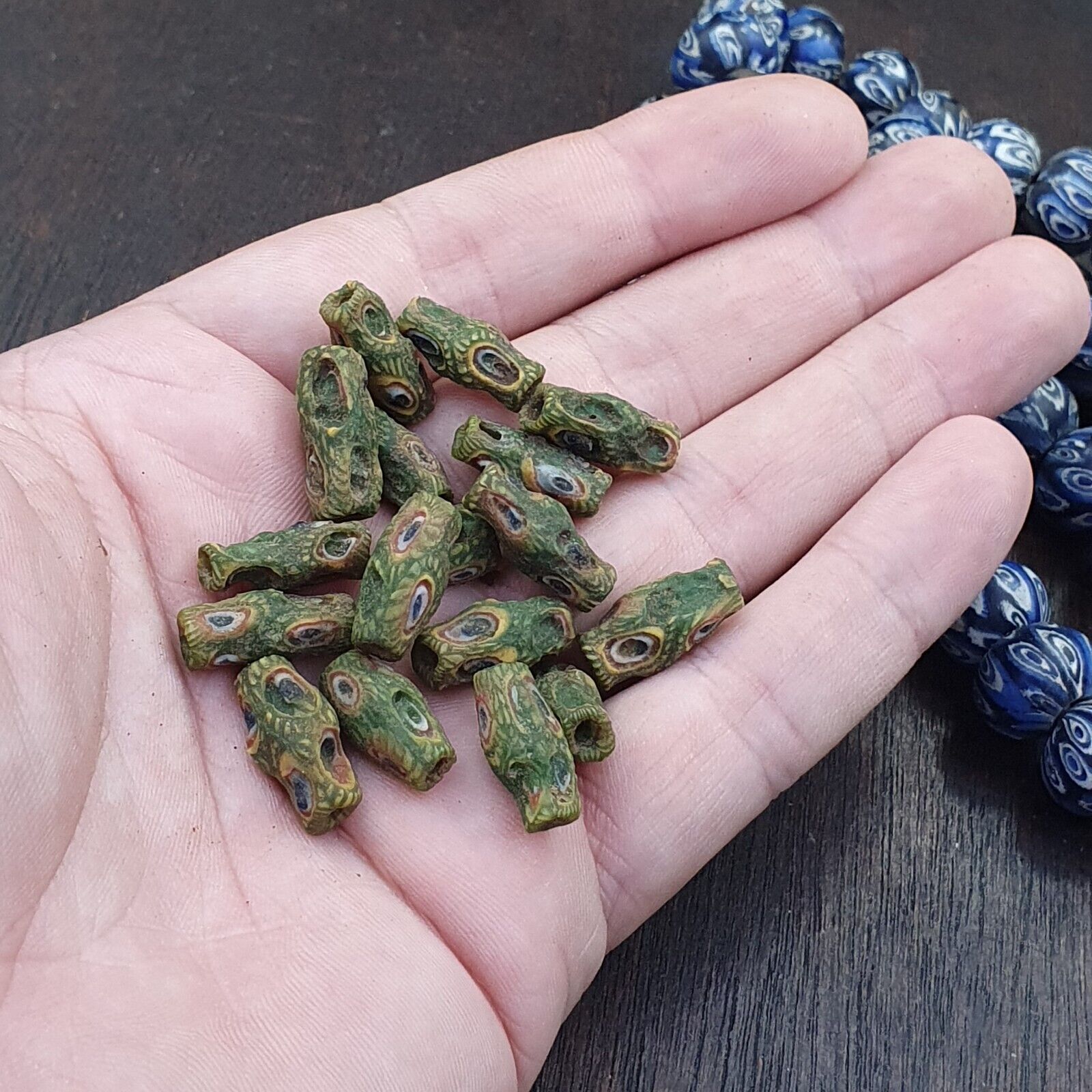Antique Green Gabri Red Eyes Glass Beads Strand lot 17pcs