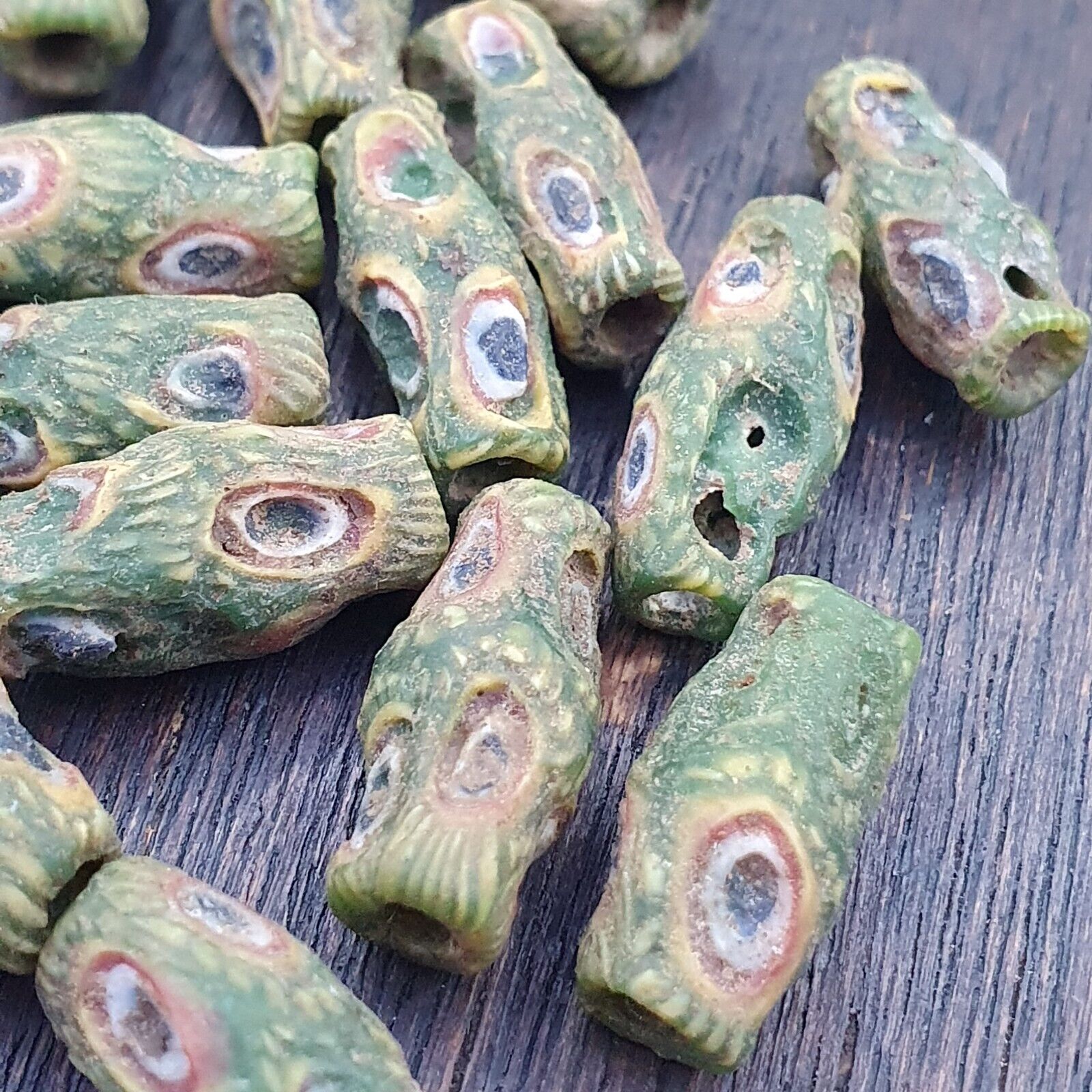 Antique Green Gabri Red Eyes Glass Beads Strand lot 17pcs
