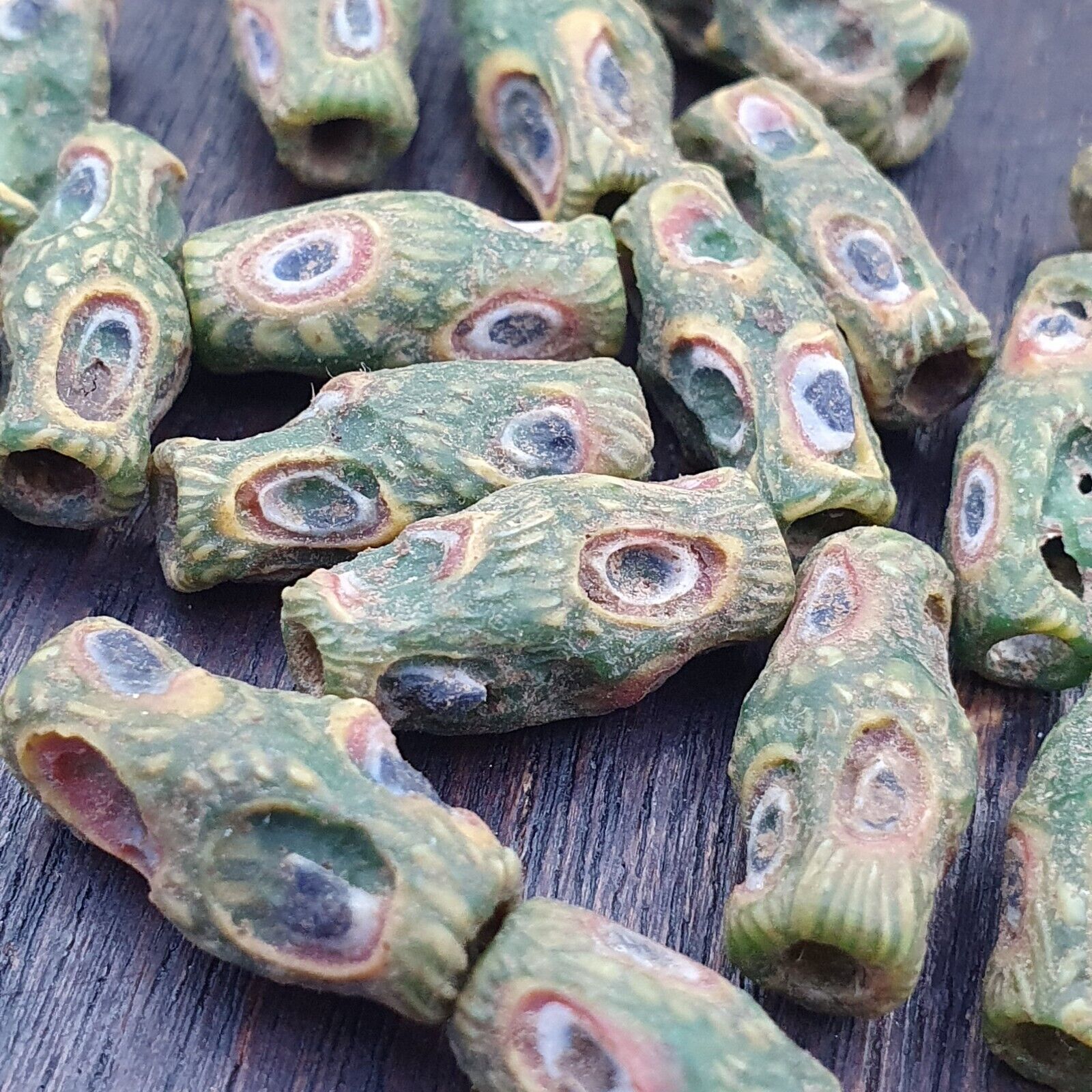 Antique Green Gabri Red Eyes Glass Beads Strand lot 17pcs