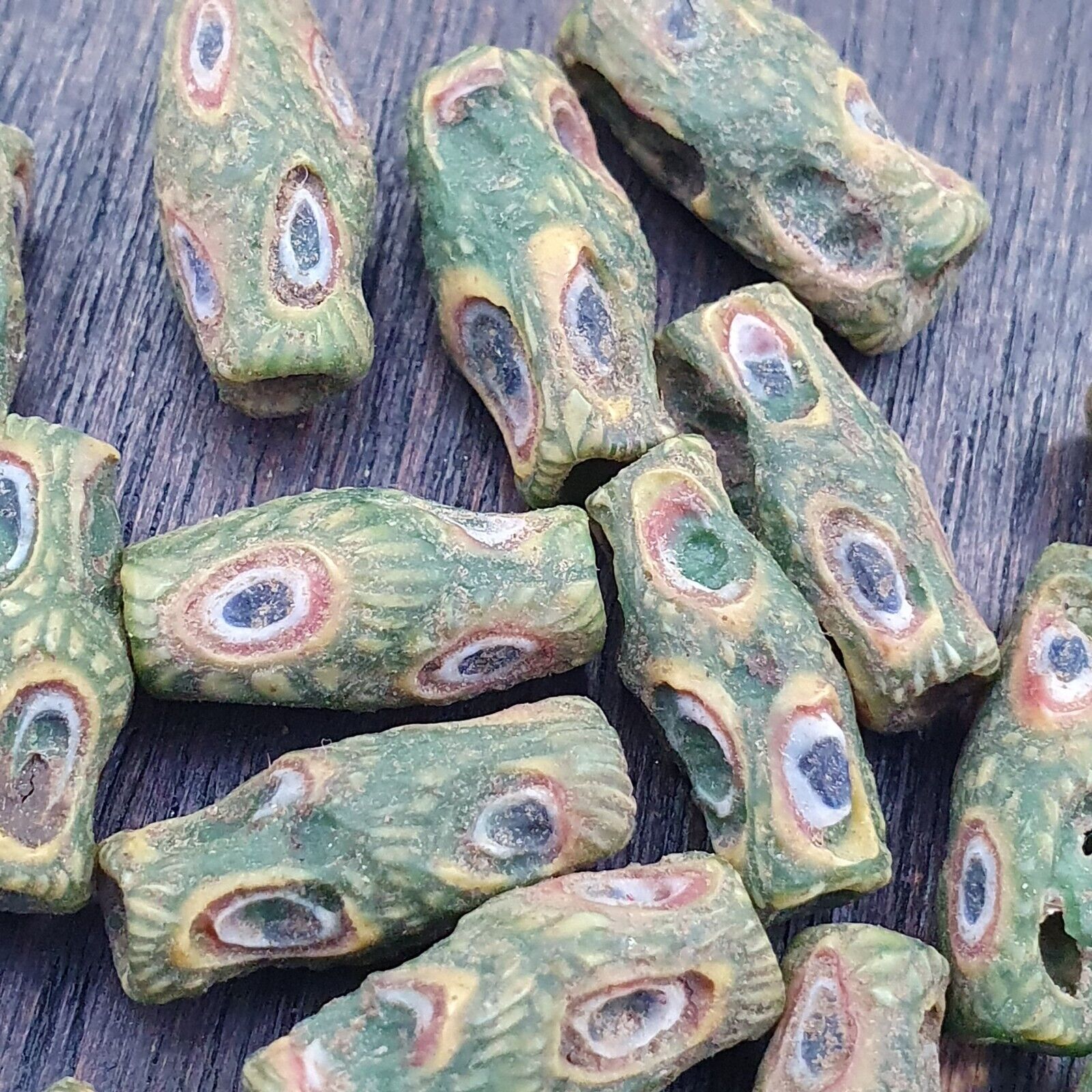 Antique Green Gabri Red Eyes Glass Beads Strand lot 17pcs